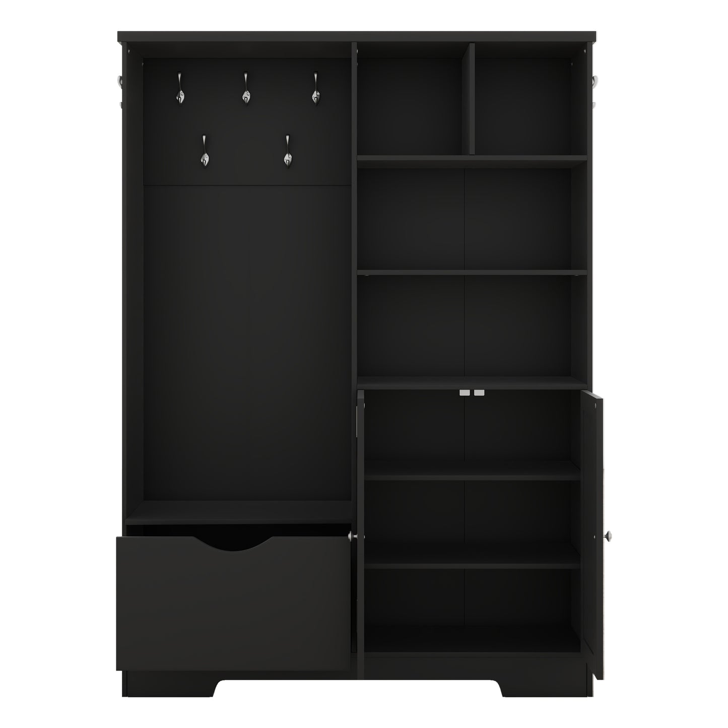 Black entryway organizer with coat hooks drawer and open shelves