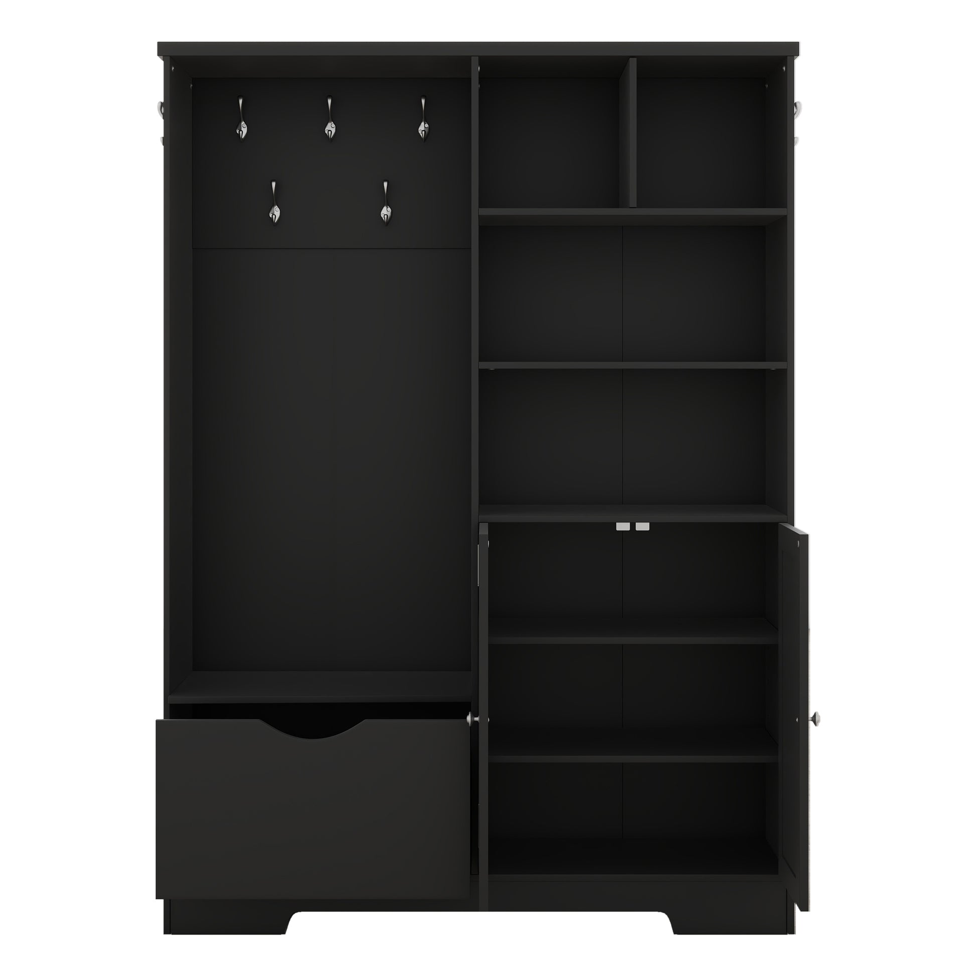 Black entryway organizer with coat hooks drawer and open shelves