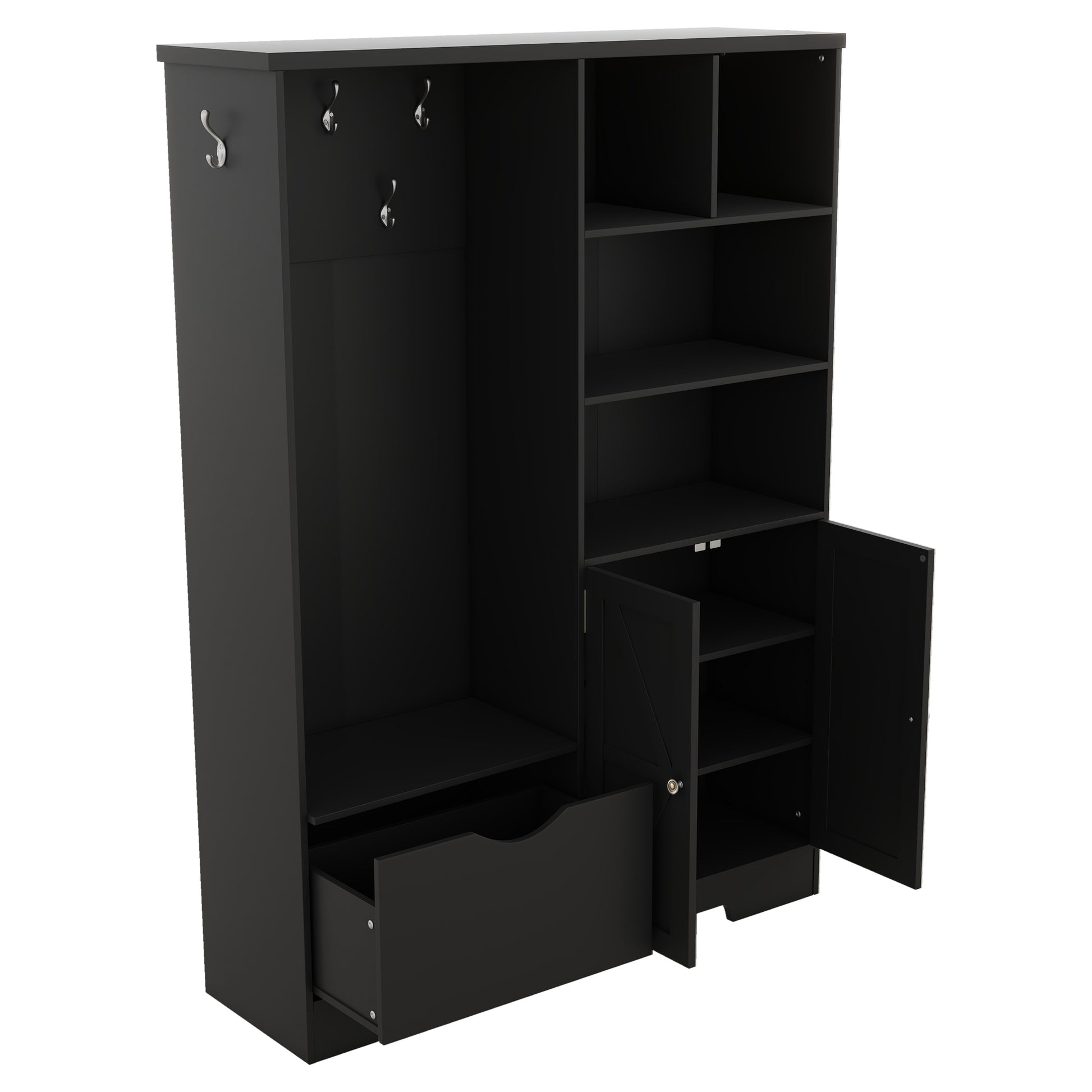 Black entryway organizer with coat hooks and open shelving