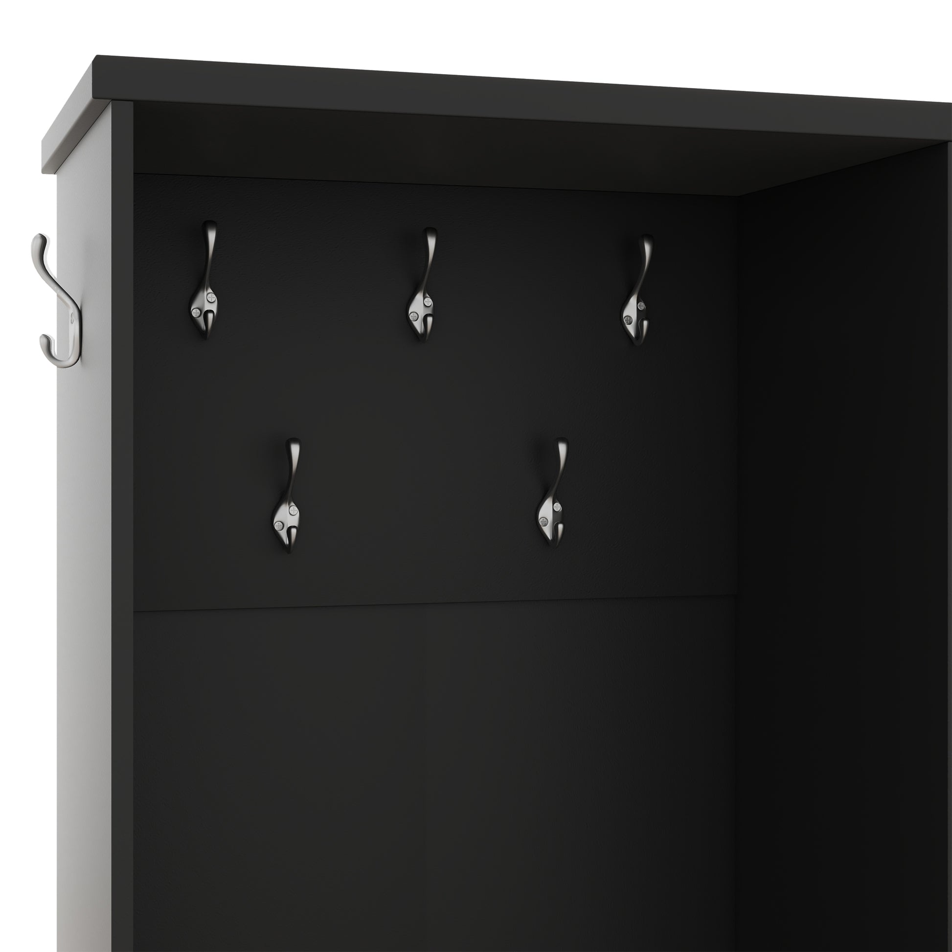 Black entryway organizer with five silver coat hooks for coats and bags