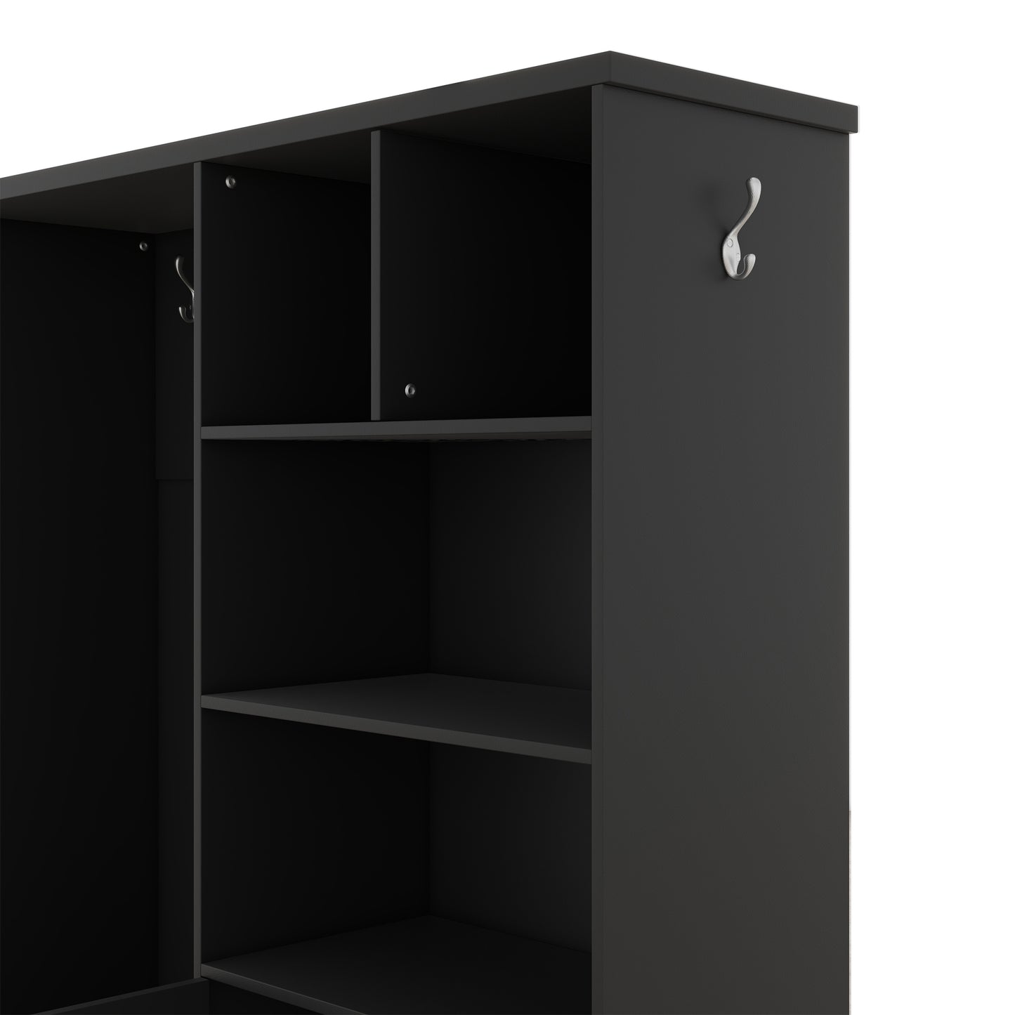 Black entryway organizer with three open shelves and two hooks