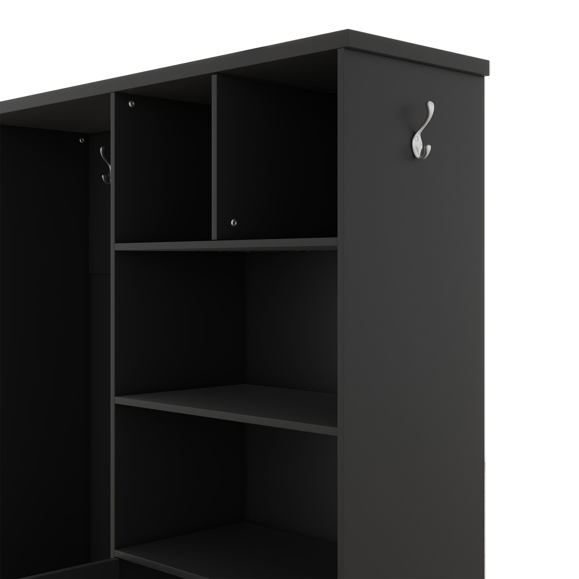 Black entryway organizer with three open shelves and two hooks