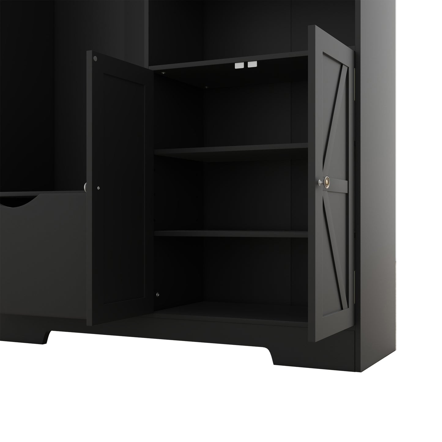 Black modern cabinet with open doors and three adjustable shelves