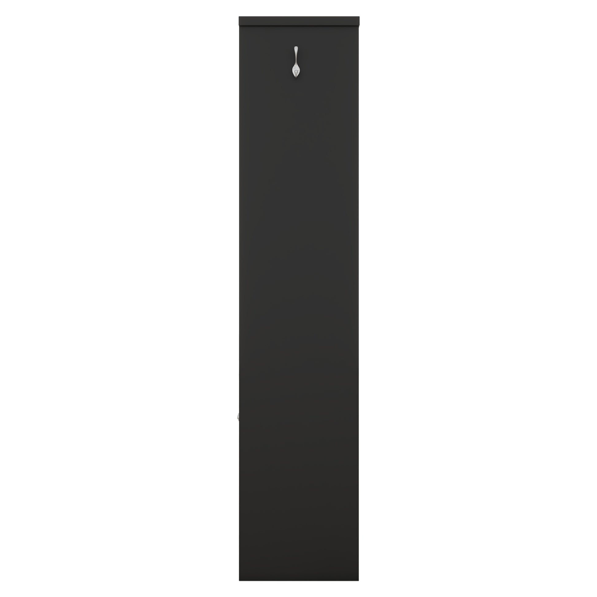 Black metal cabinet with silver spoonshaped hook