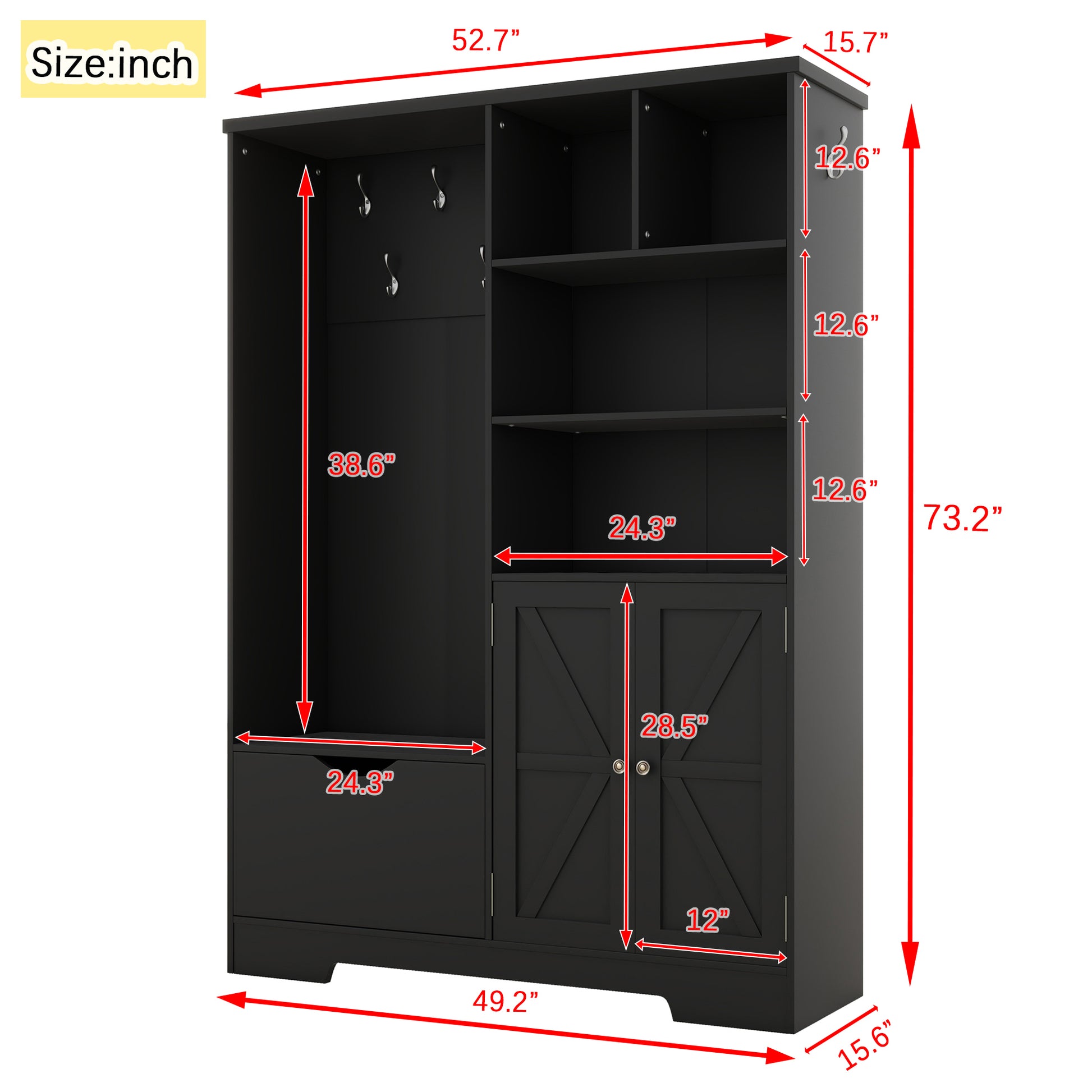 Black entryway organizer with hooks and cabinet