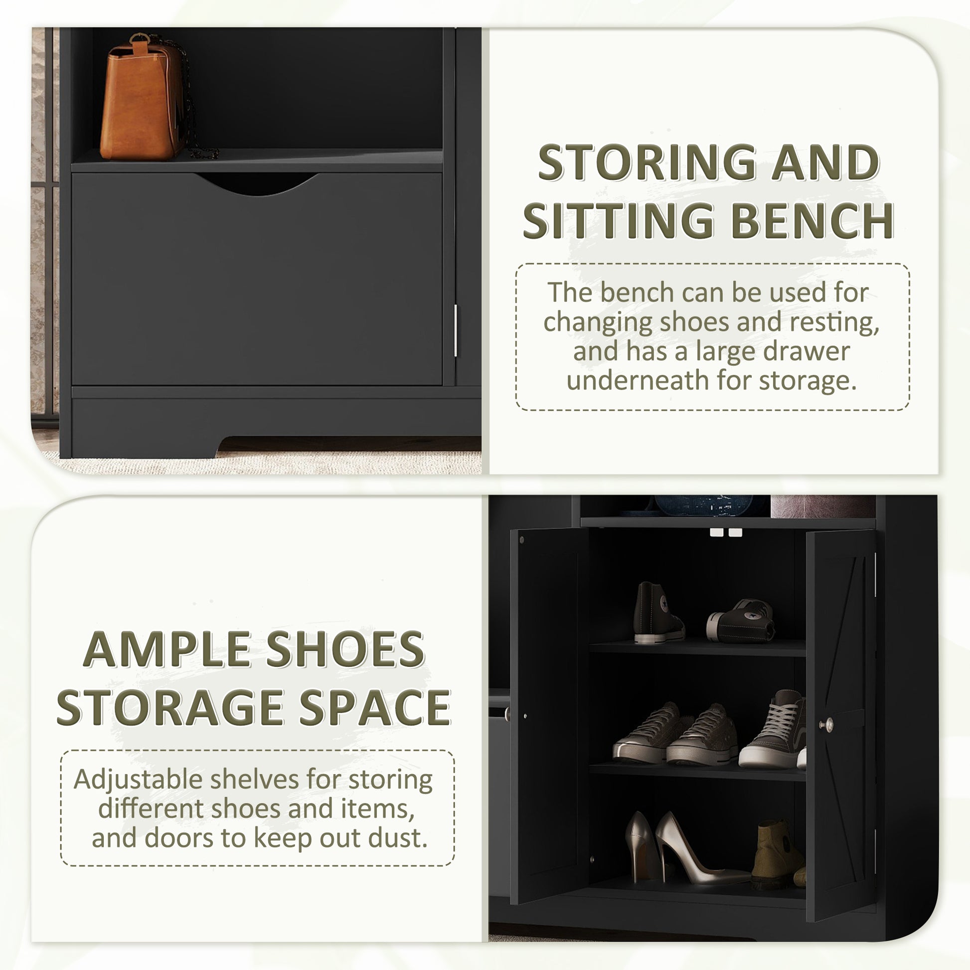 Black wooden shoe bench with a drawer and open storage