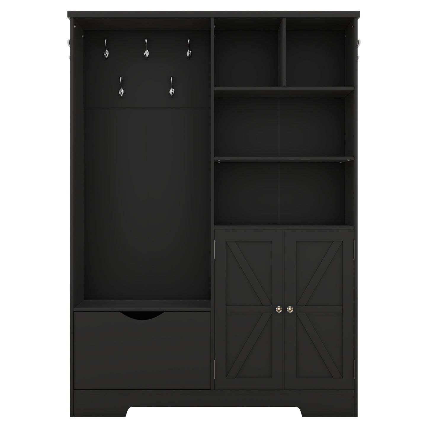 Black entryway hall tree with coat hooks and storage cabinet