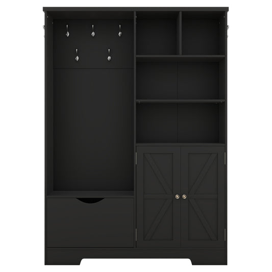 Black entryway hall tree with coat hooks and storage cabinet