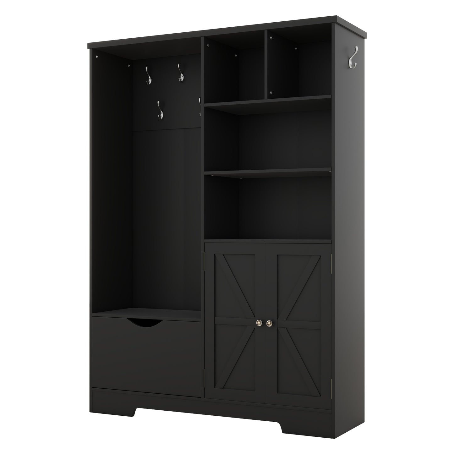 Black entryway bench with coat hooks and storage cabinets