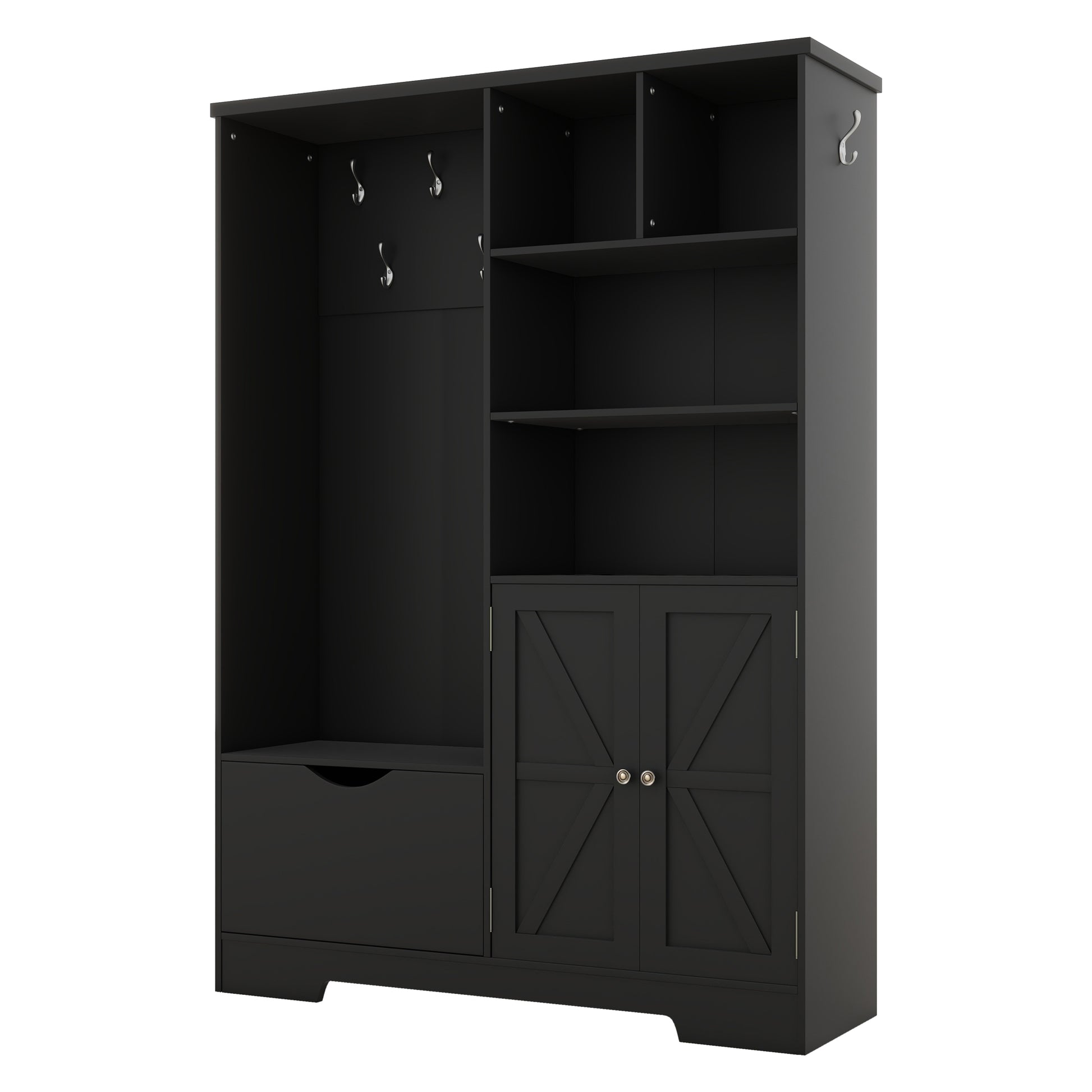 Black entryway bench with coat hooks and storage cabinets