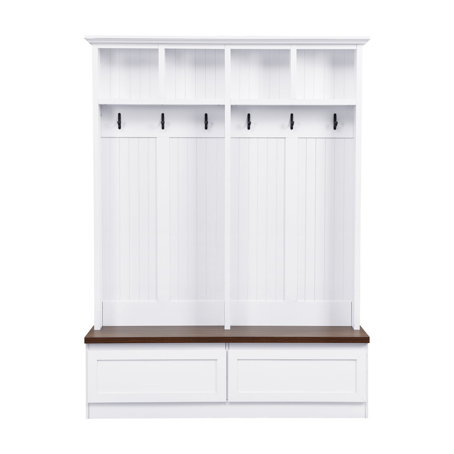 White entryway hall tree with wood bench and two drawers