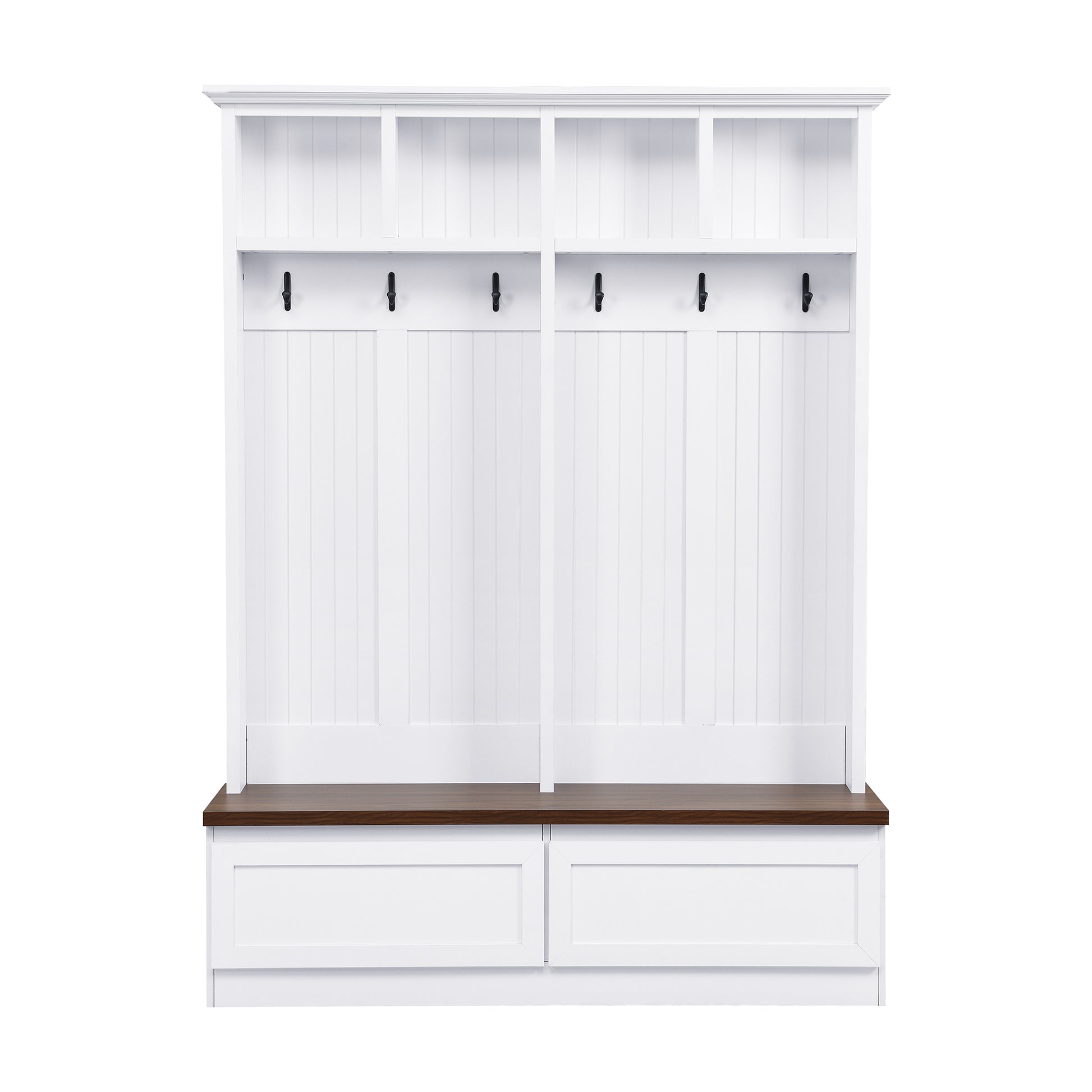 White entryway hall tree with wood bench and two drawers