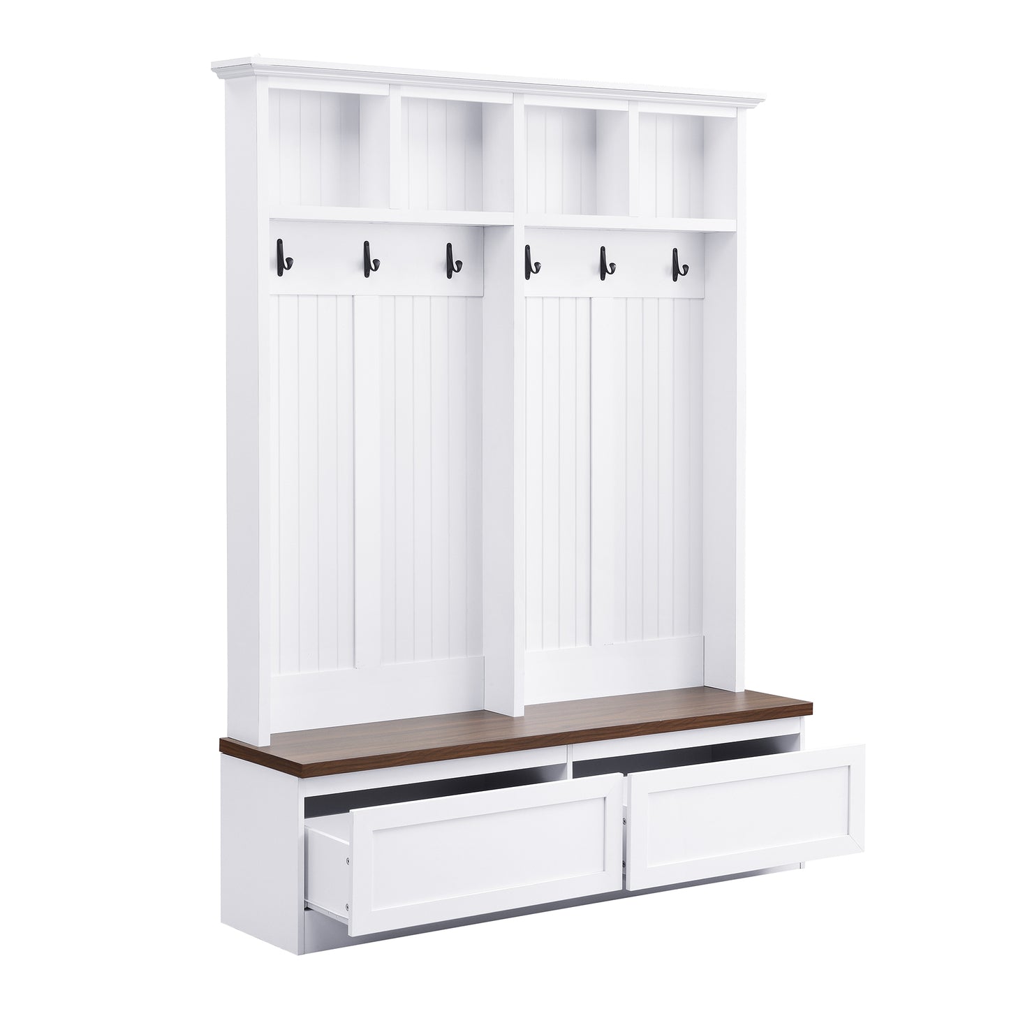 White hall tree with bench and storage drawers