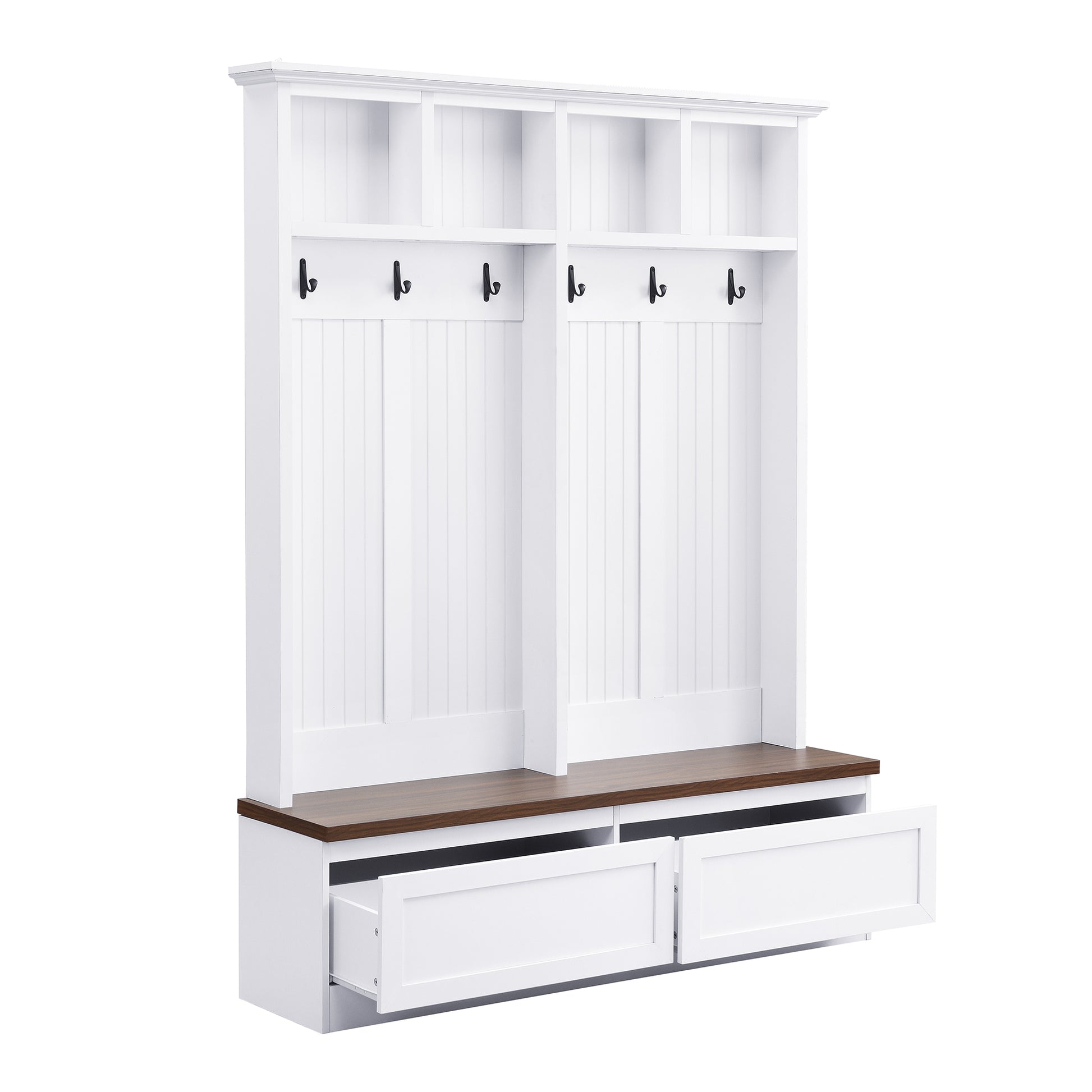 White hall tree with bench and storage drawers
