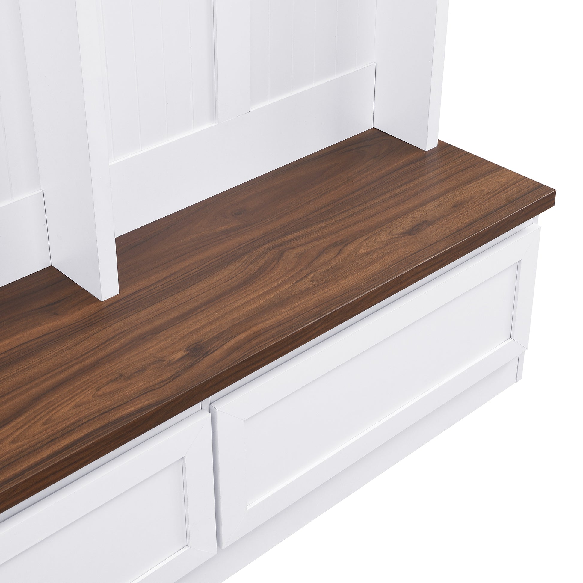 White hall tree bench with dark wood seat and two drawers