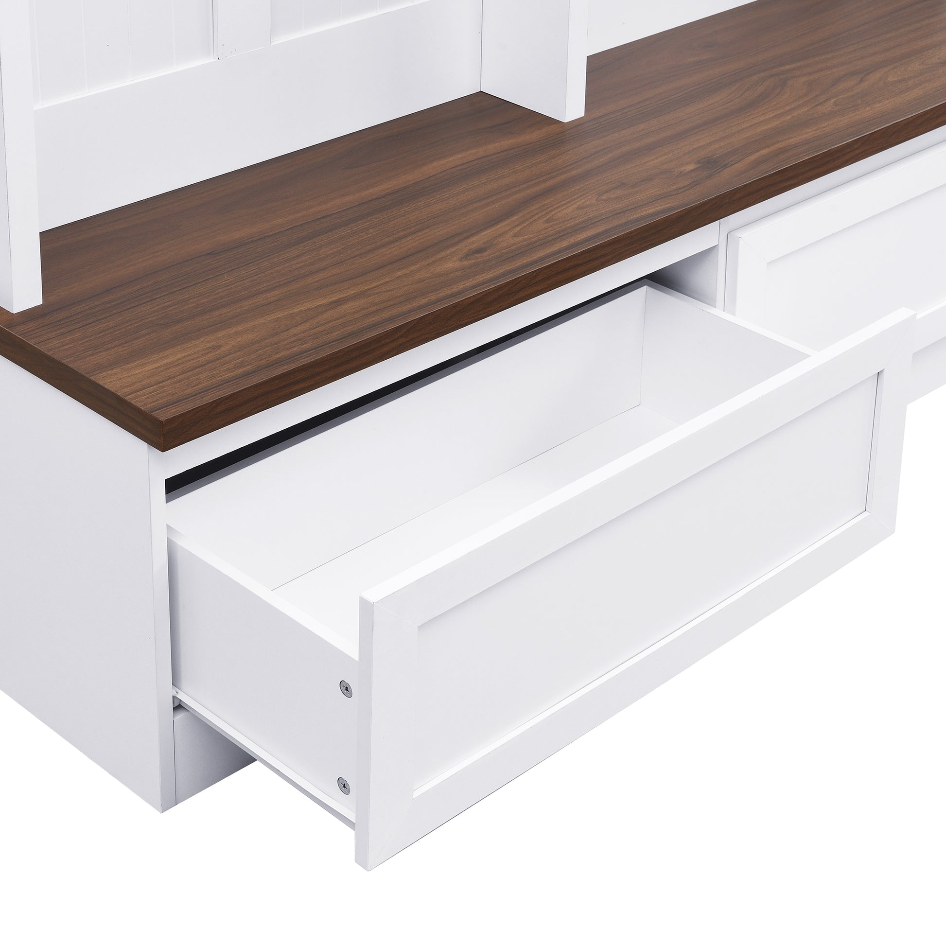 White entryway bench with open drawer and dark wood top