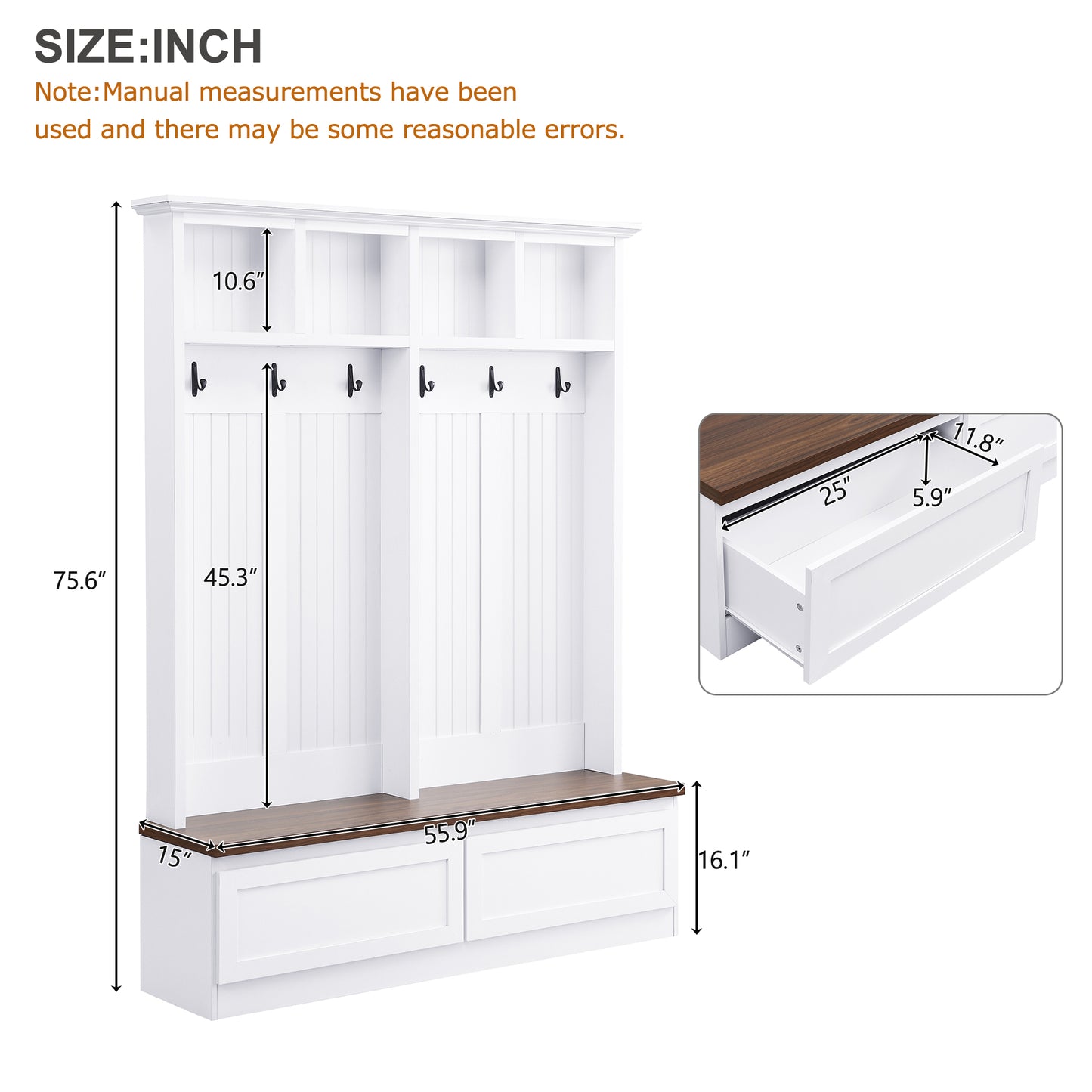 White hall tree with wood bench and storage drawers