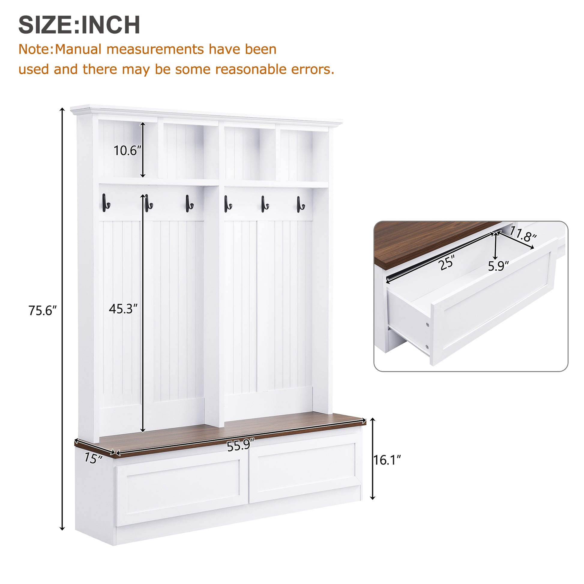 White hall tree with wood bench and storage drawers