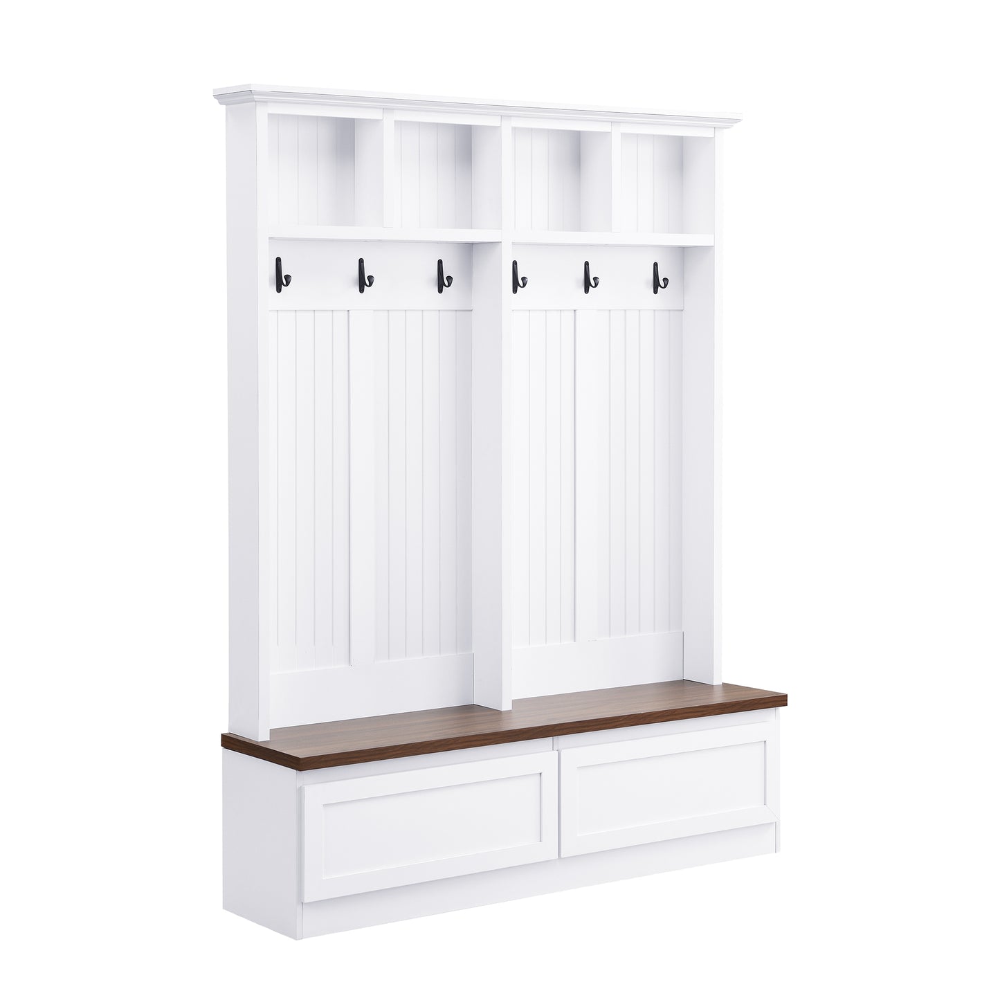 White wooden hall tree with coat hooks and storage bench