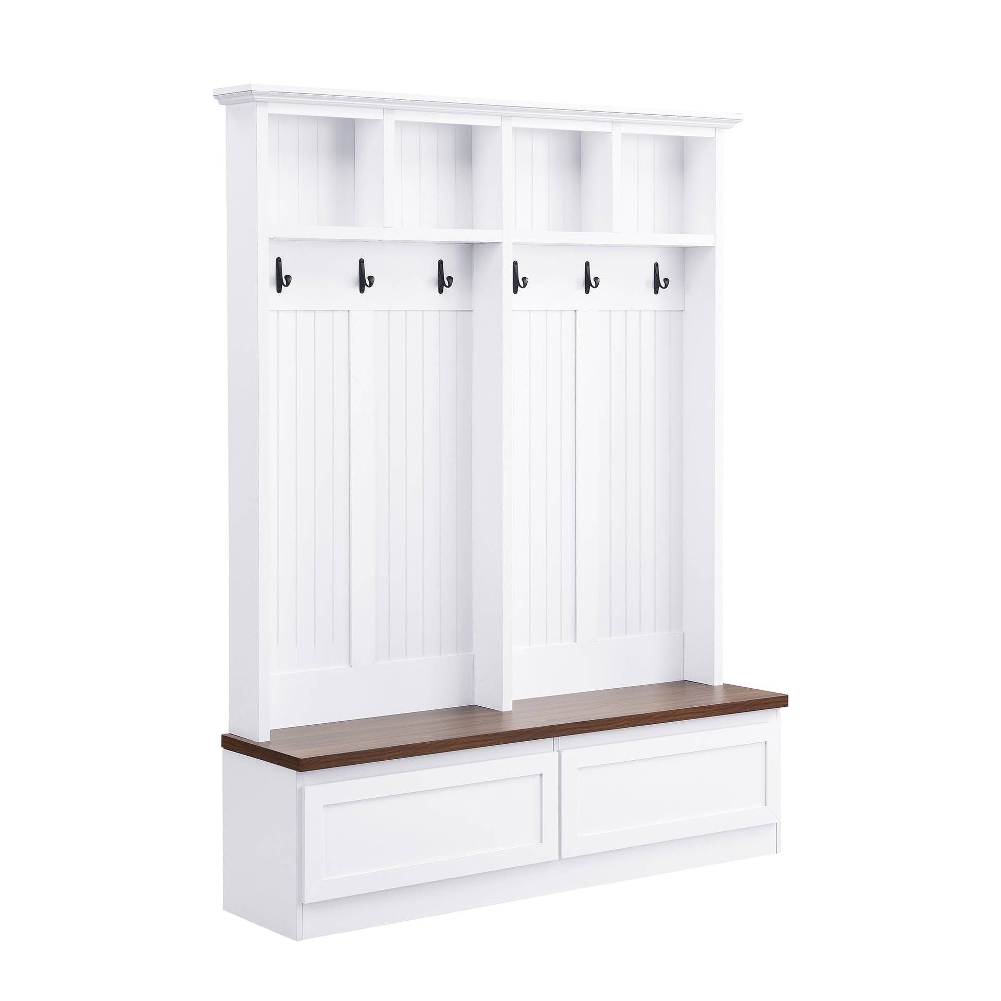 White wooden hall tree with coat hooks and storage bench