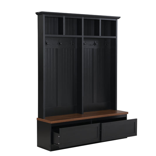 Black wooden hall tree with bench and drawers