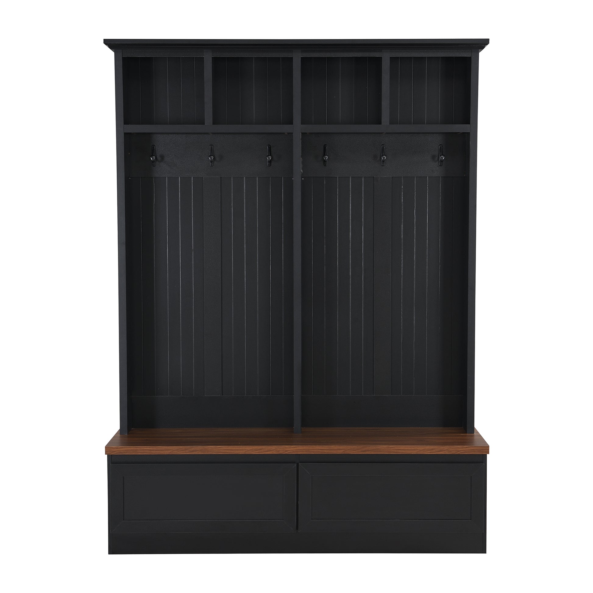 Black wooden entryway bench with coat hooks and two storage drawers