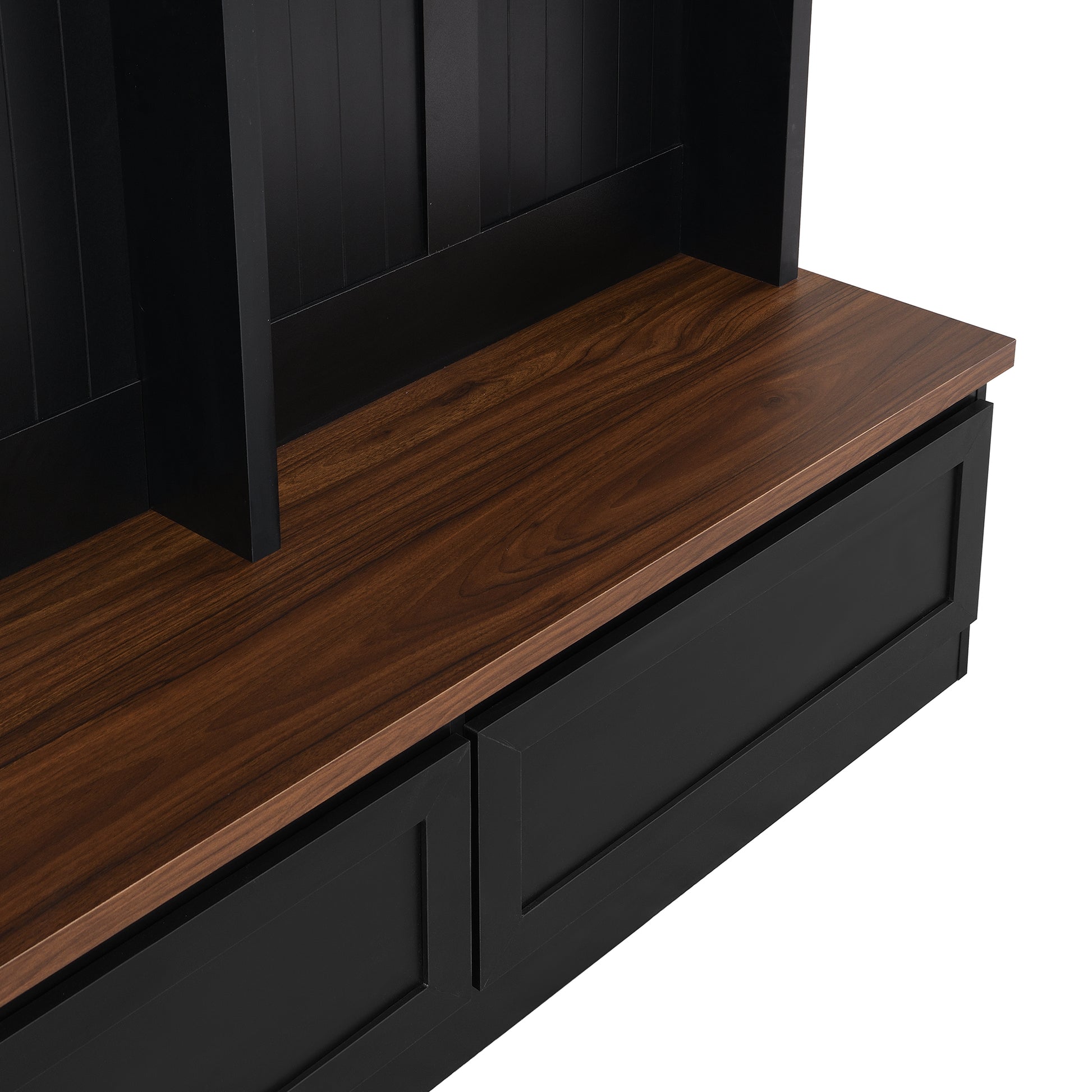 Black hall tree with walnut bench and storage drawers