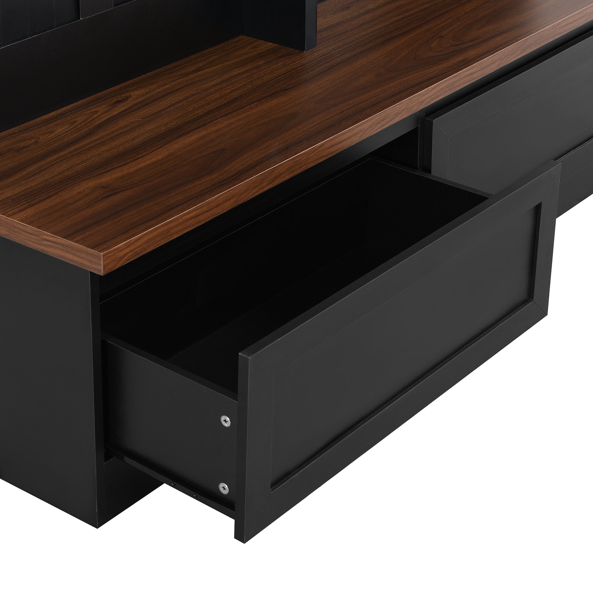 Black modern media console with dark walnut top and open drawer