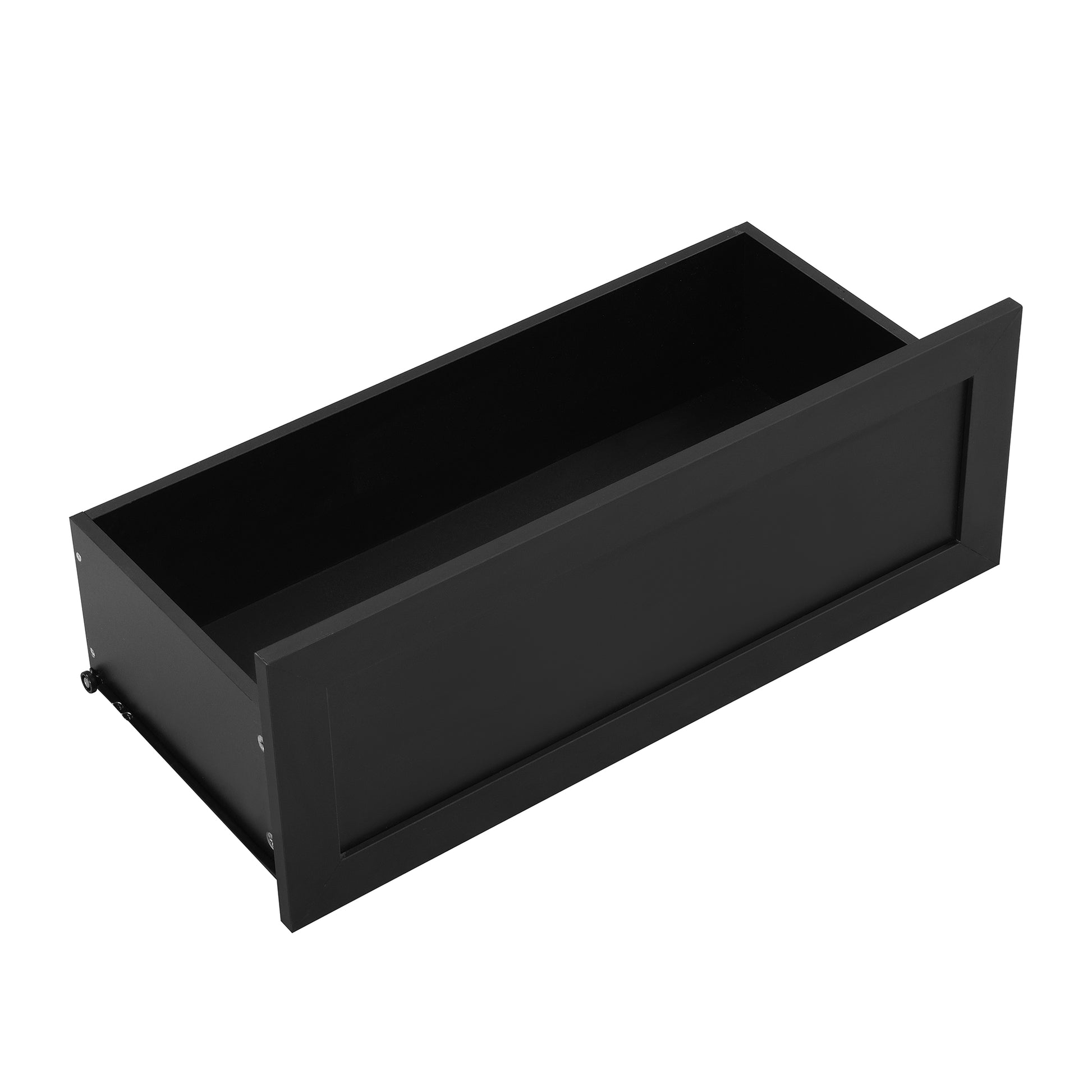 Black shaker drawer front with visible side panel and roller system