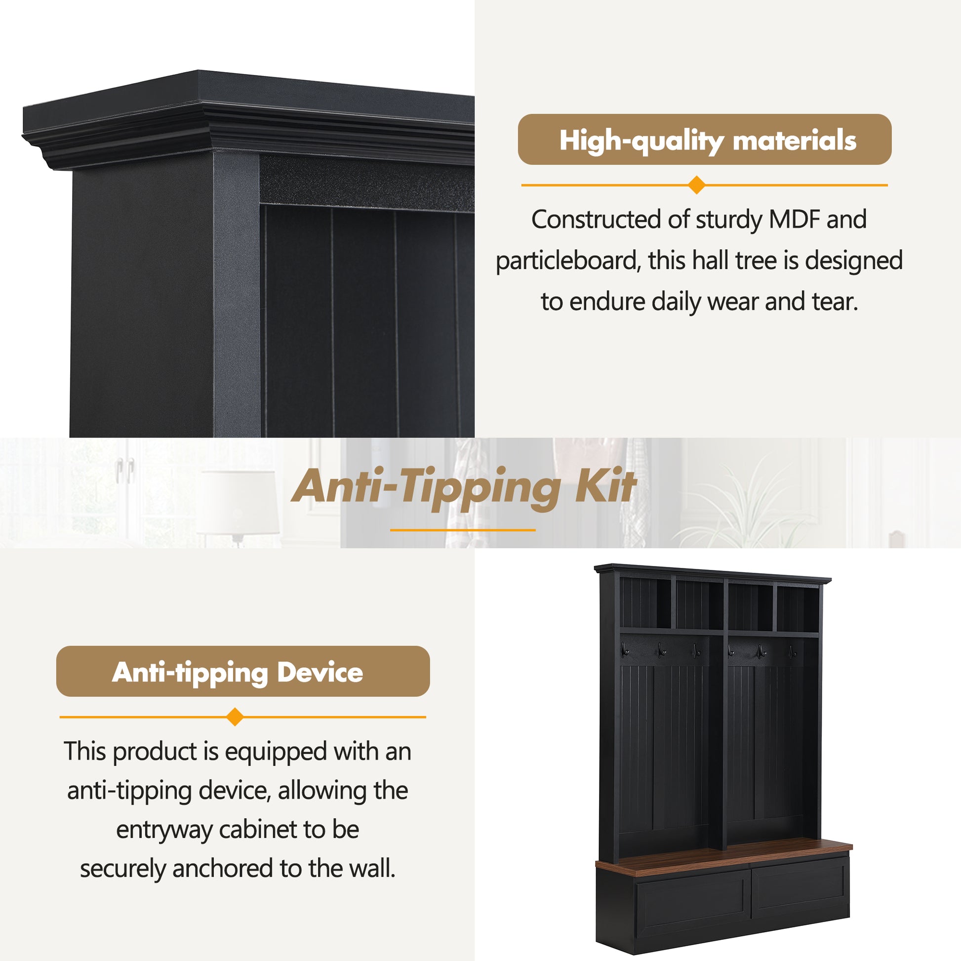 Black shaker entryway cabinet with storage bench and coat hooks