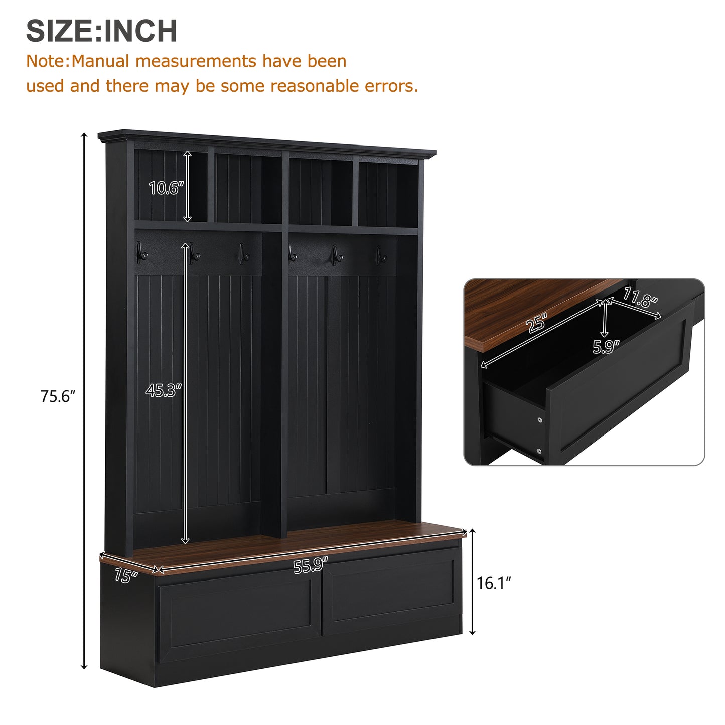 Black entryway hall tree with bench and drawer