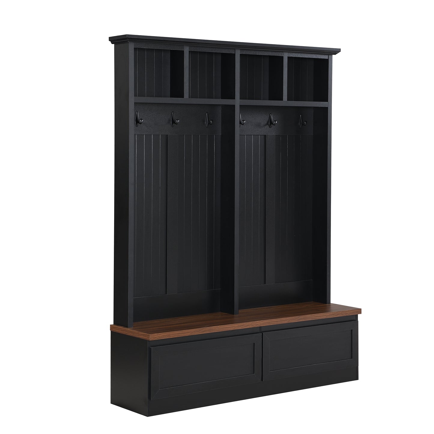 Black entryway hall tree with wood bench and storage drawers