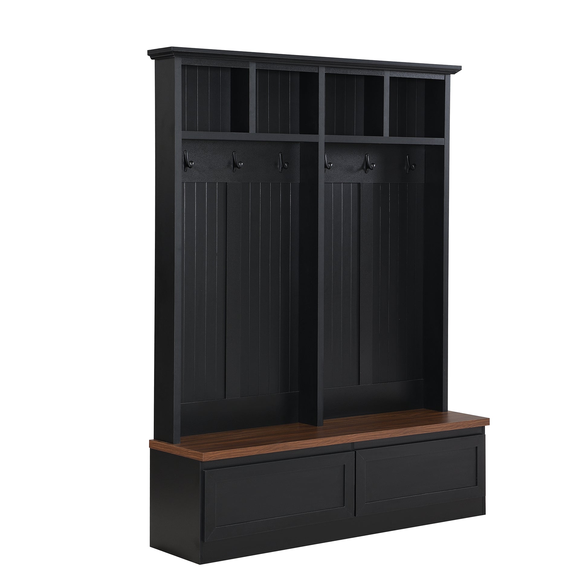 Black entryway hall tree with wood bench and storage drawers