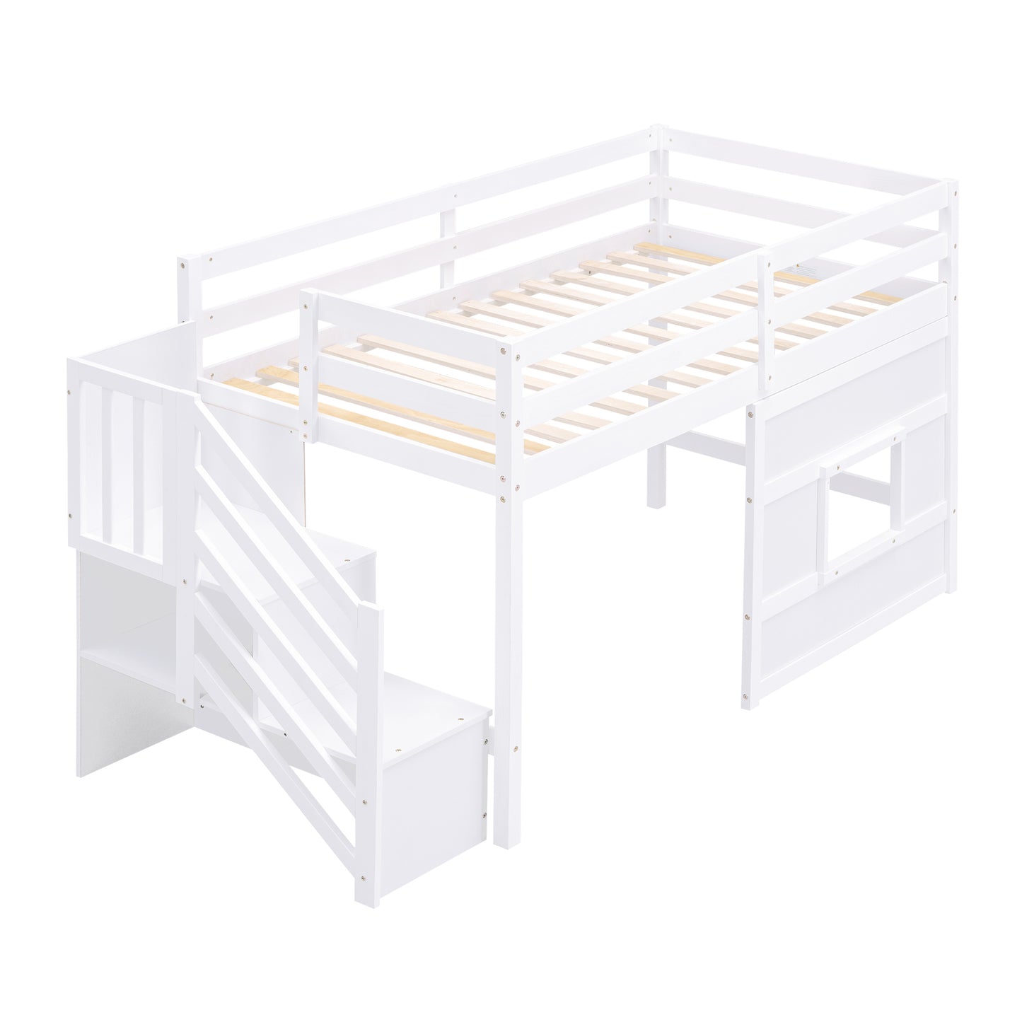 White wooden loft bed with stairs and a small window cutout for kids