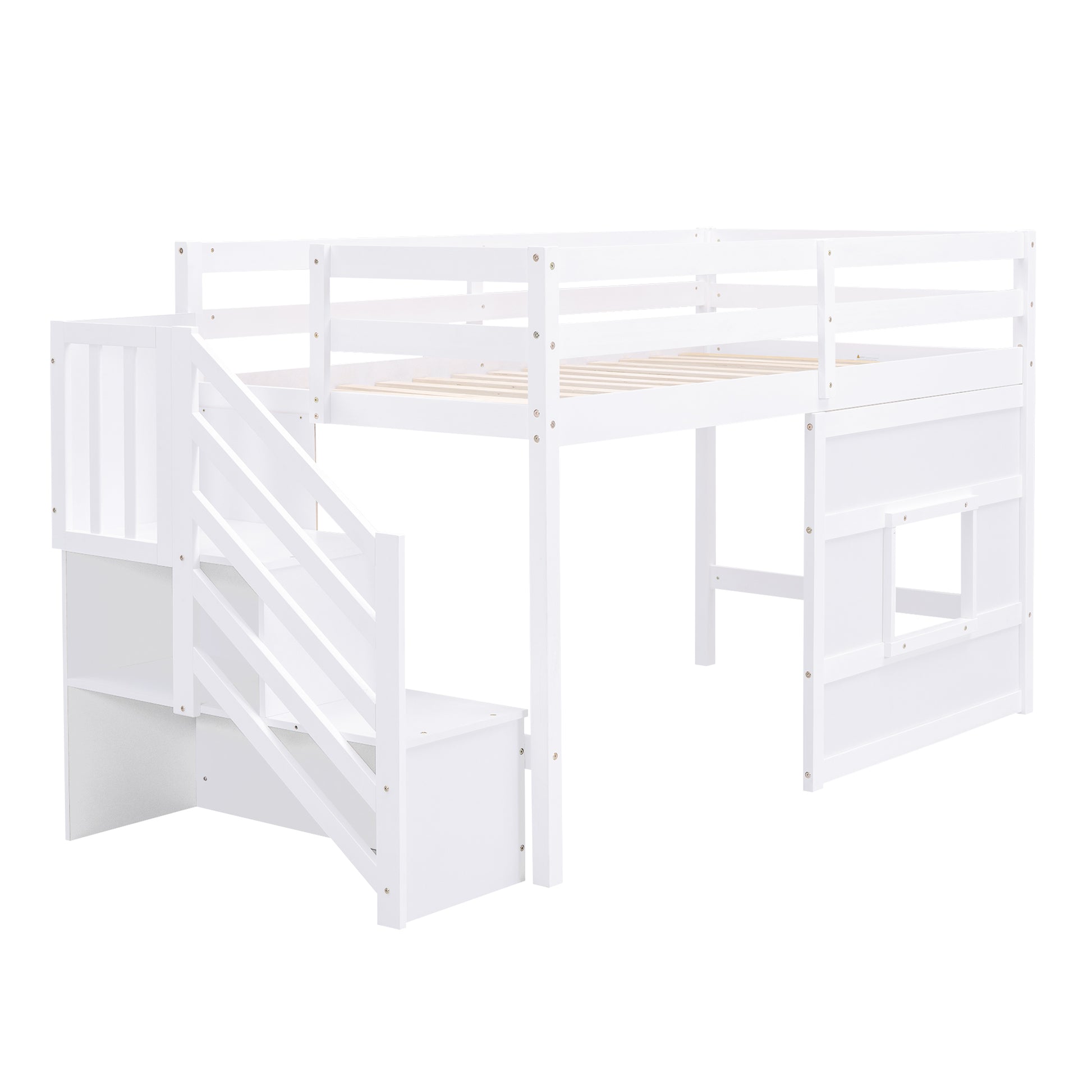 White wooden loft bed with stairs and builtin storage drawers