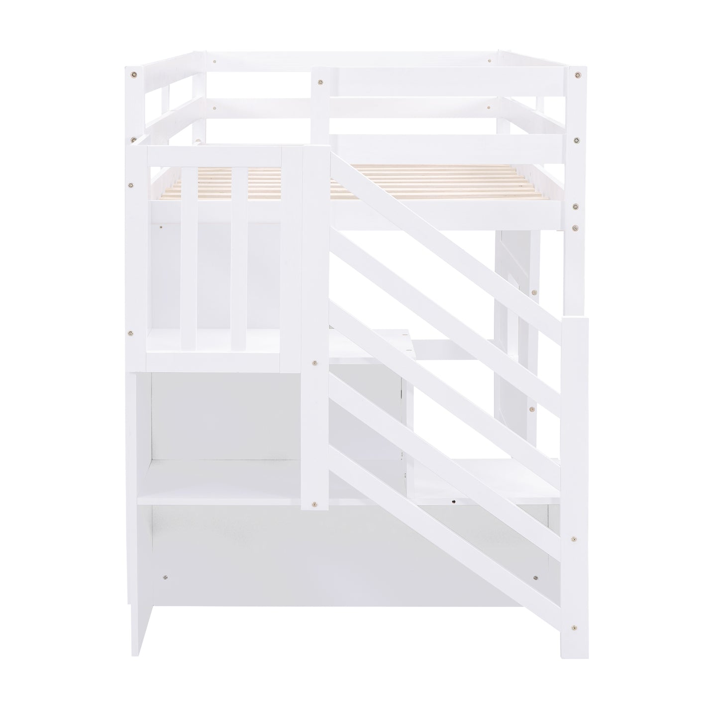 White wooden loft bed with stairs and builtin shelves