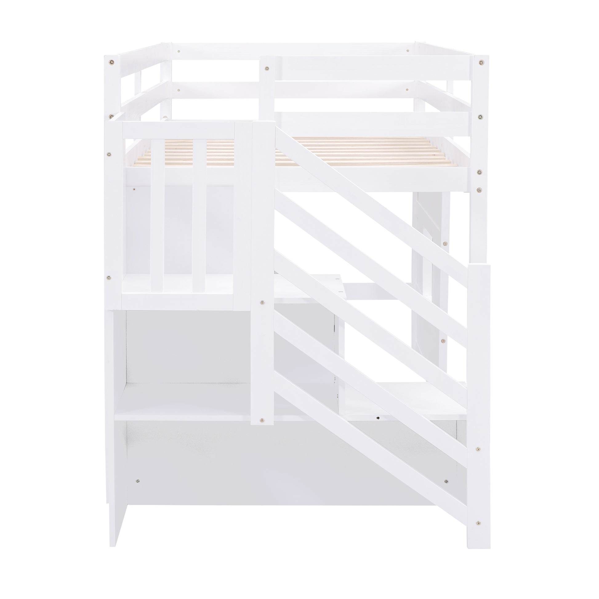 White wooden loft bed with stairs and builtin shelves