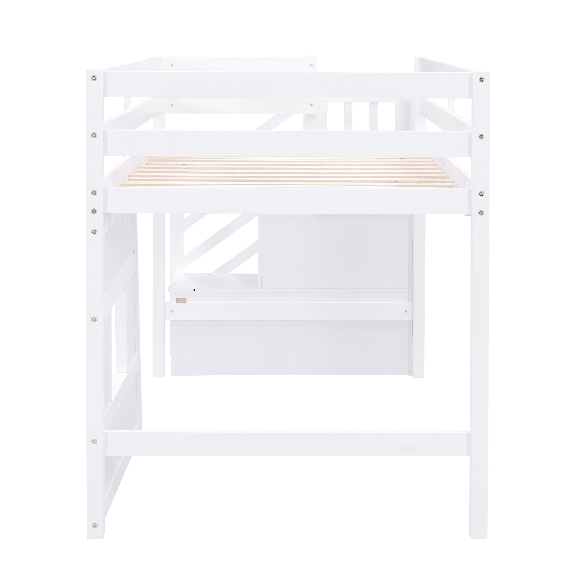 White wooden loft bed with desk and slatted frame