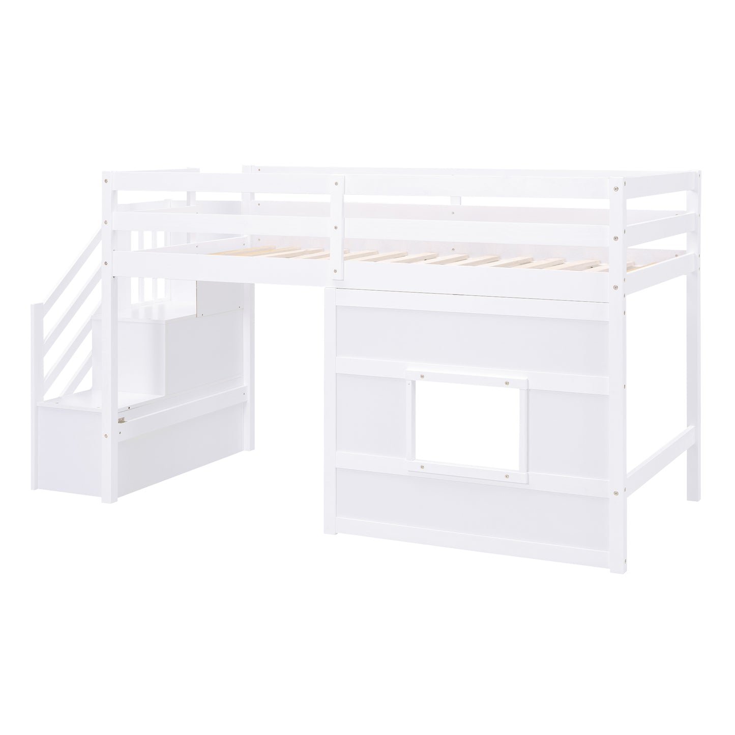 White loft bed with stairs and storage cubes