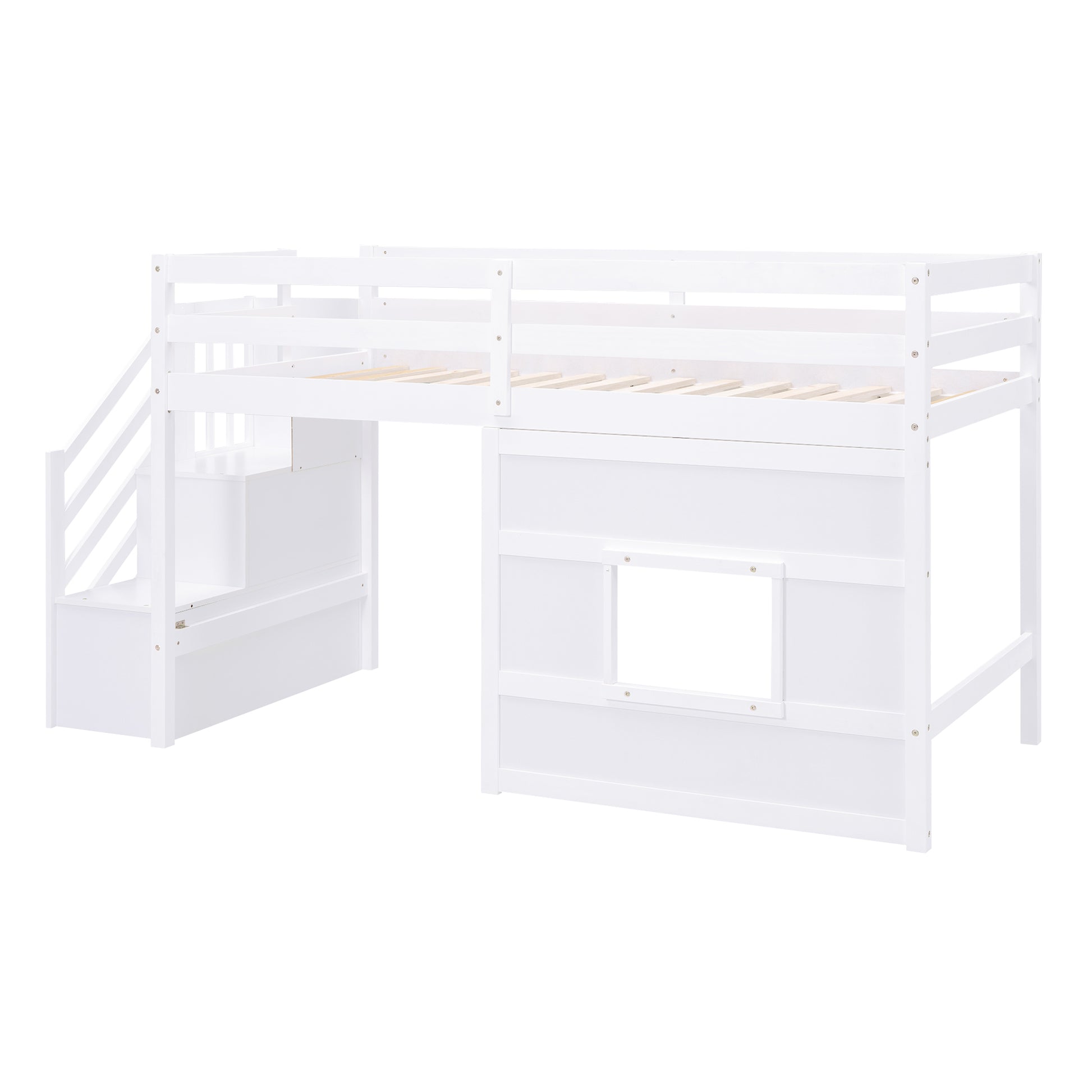 White loft bed with stairs and storage cubes