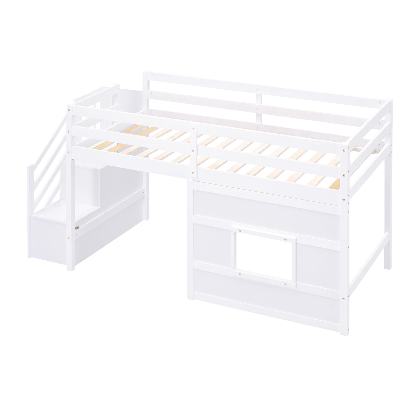 White loft bed with integrated storage stairs and safety rails
