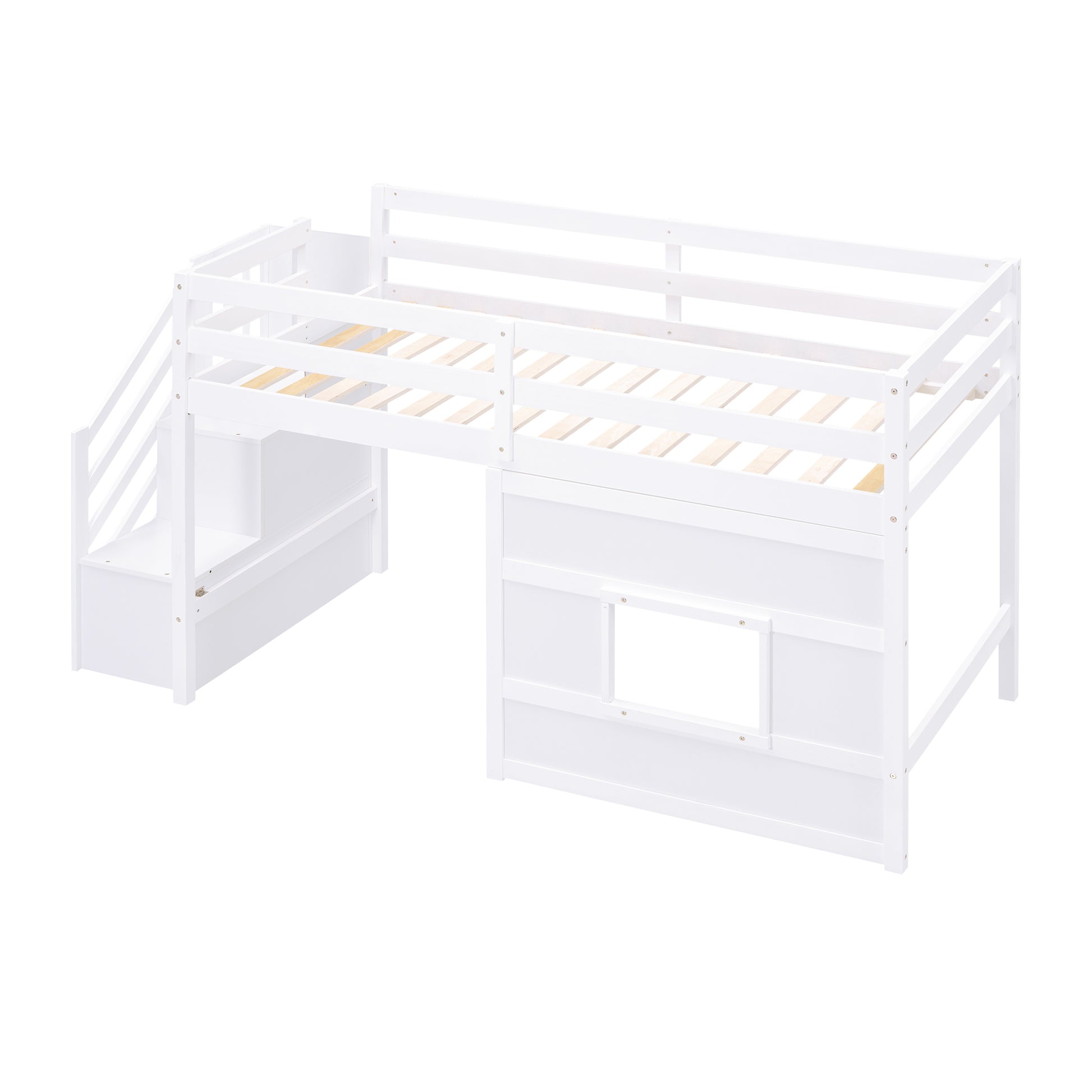 White loft bed with integrated storage stairs and safety rails