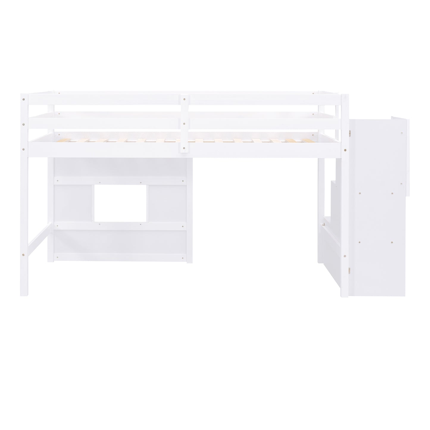 White wooden loft bed with desk and stairs