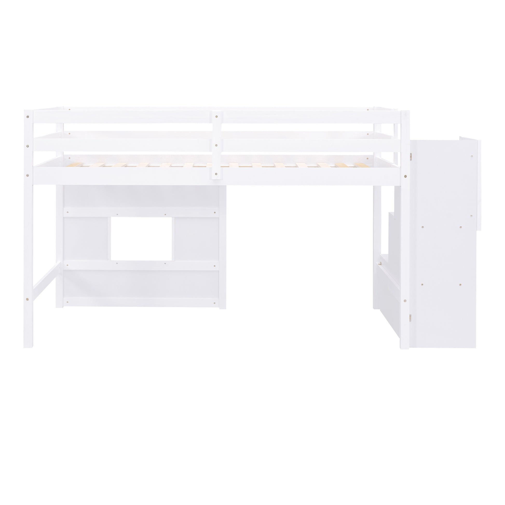 White wooden loft bed with desk and stairs