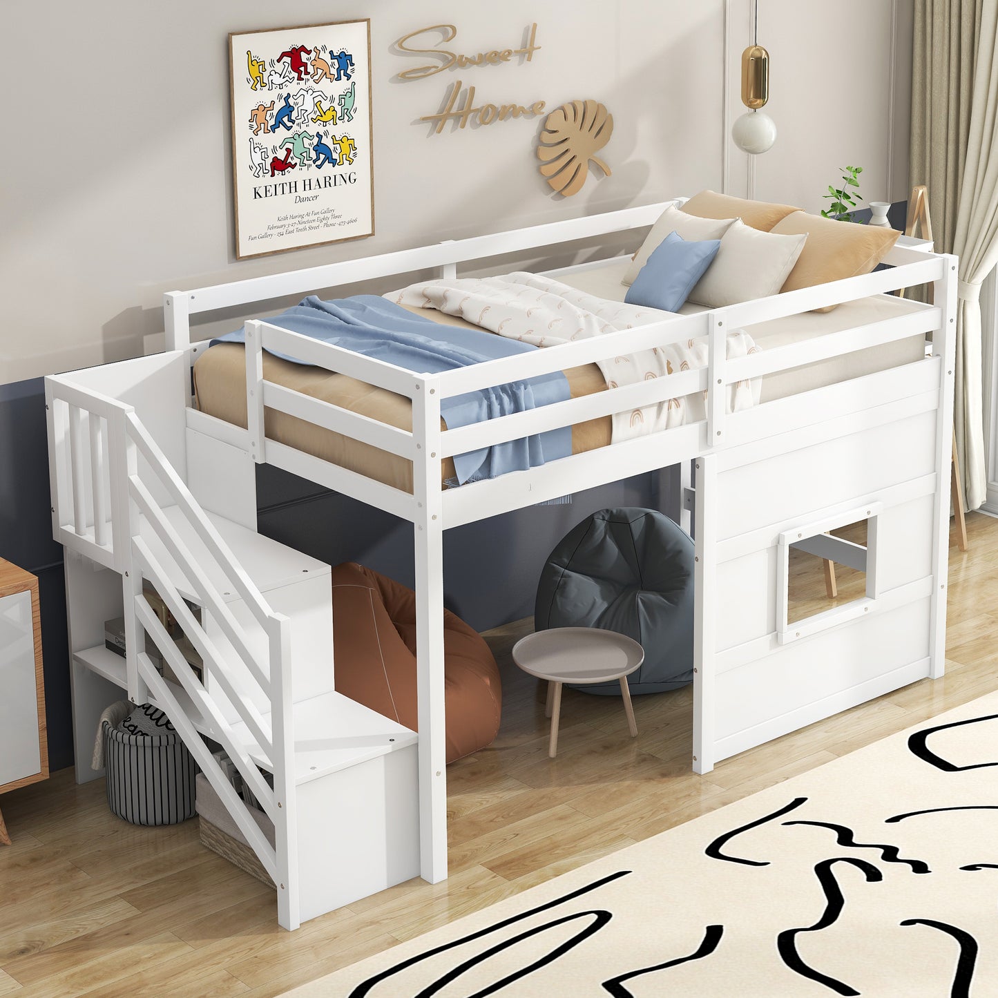 White wooden loft bed with integrated staircase for kids offering a playful design