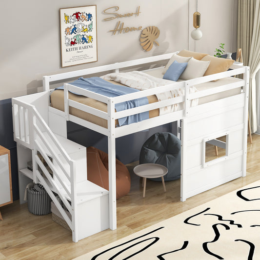 White wooden loft bed with integrated staircase for kids offering a playful design