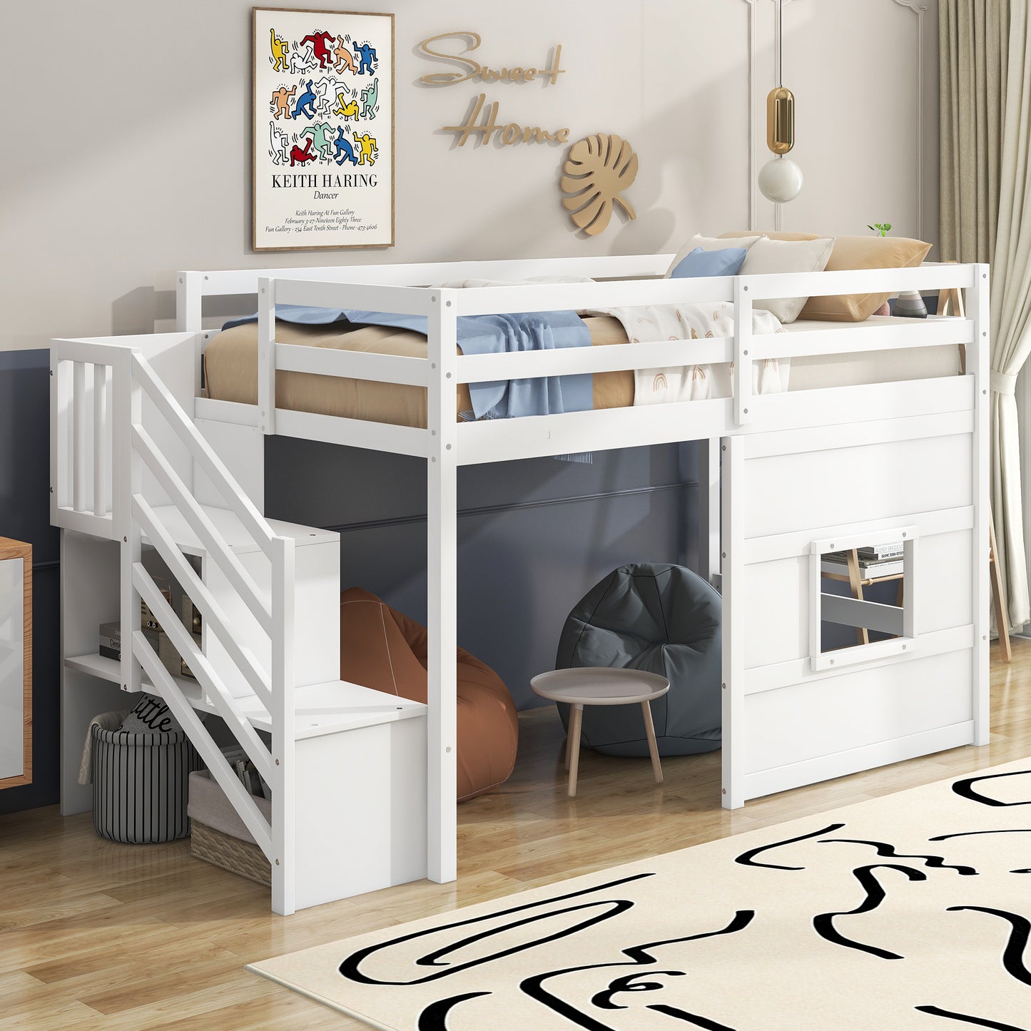 White wooden loft bed with stairs and storage for kids room