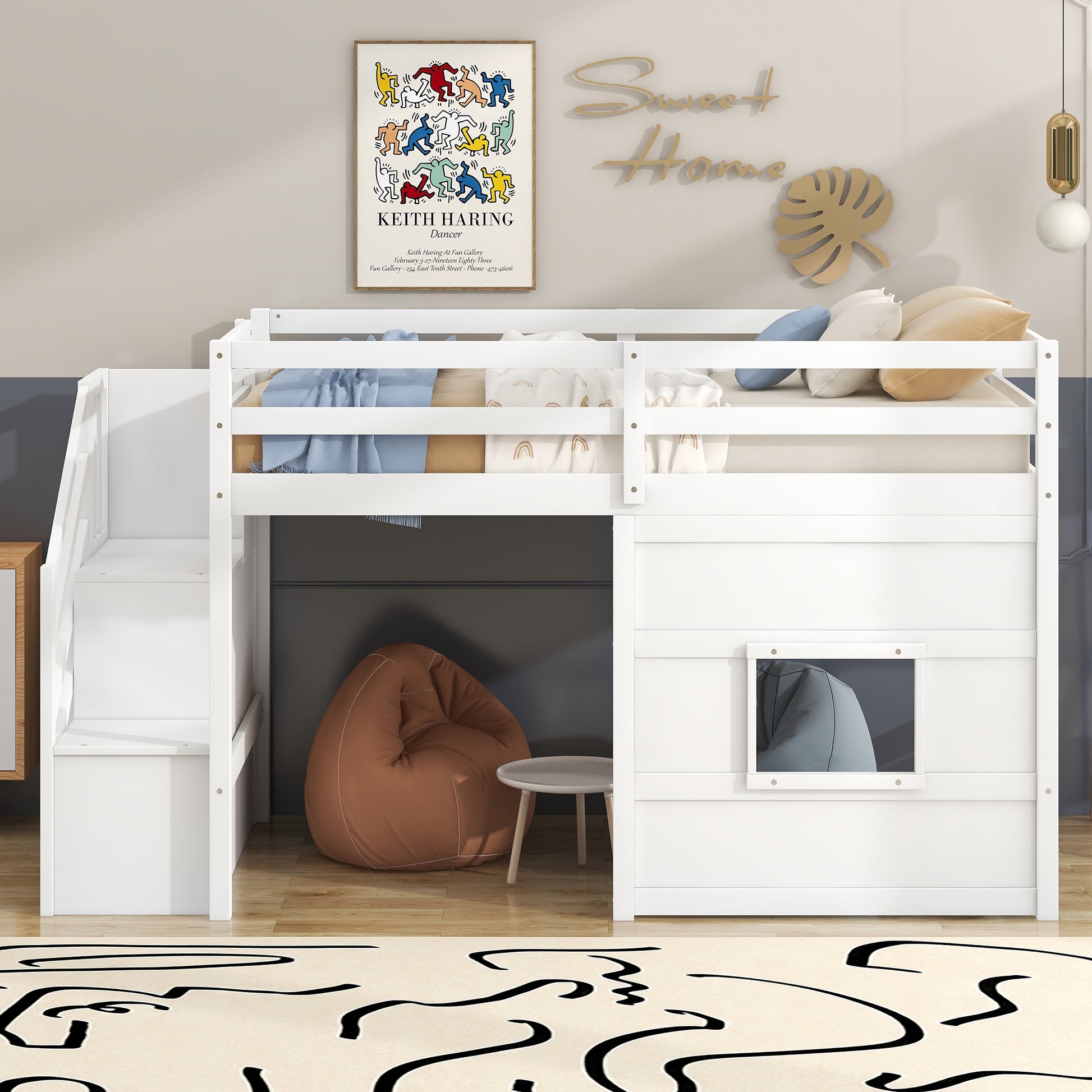 White wooden loft bed with stairs featuring bedding and pillows
