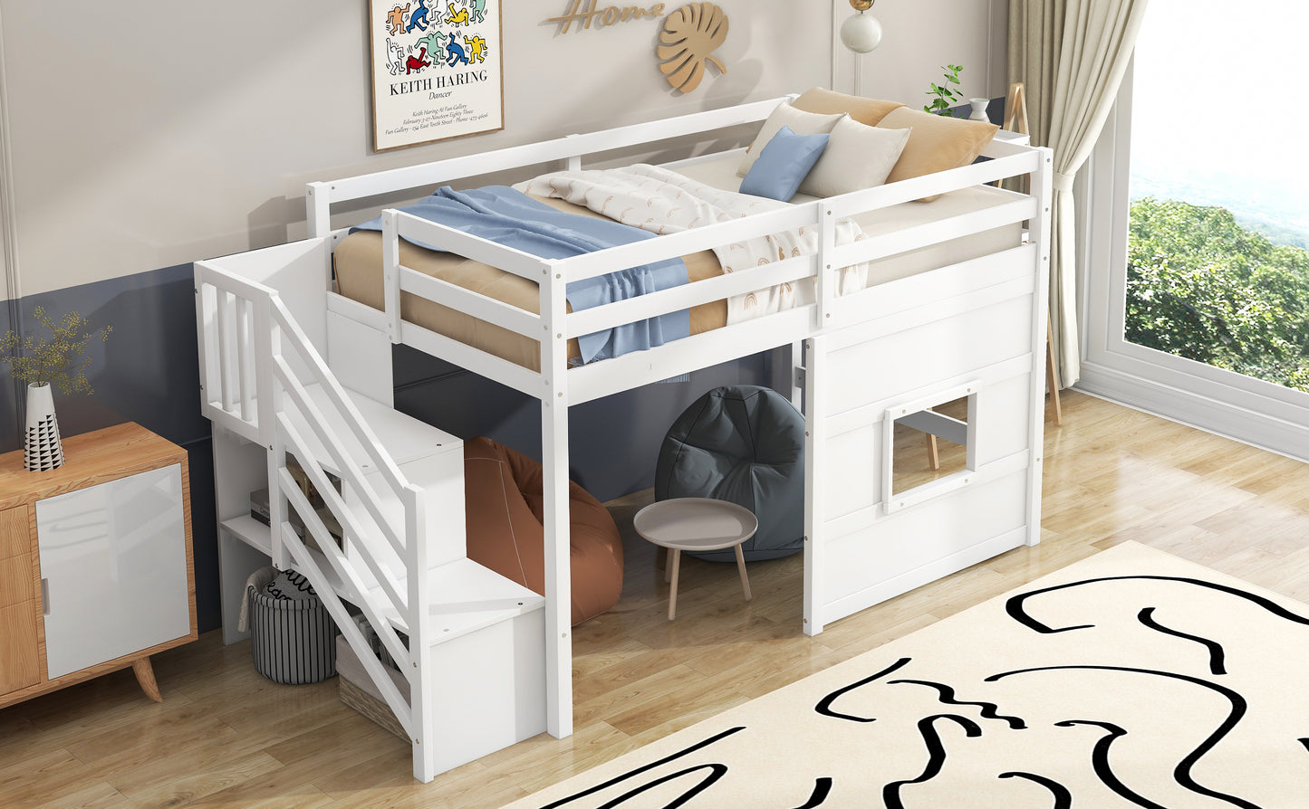 White loft bed with stairs and colorful bedding