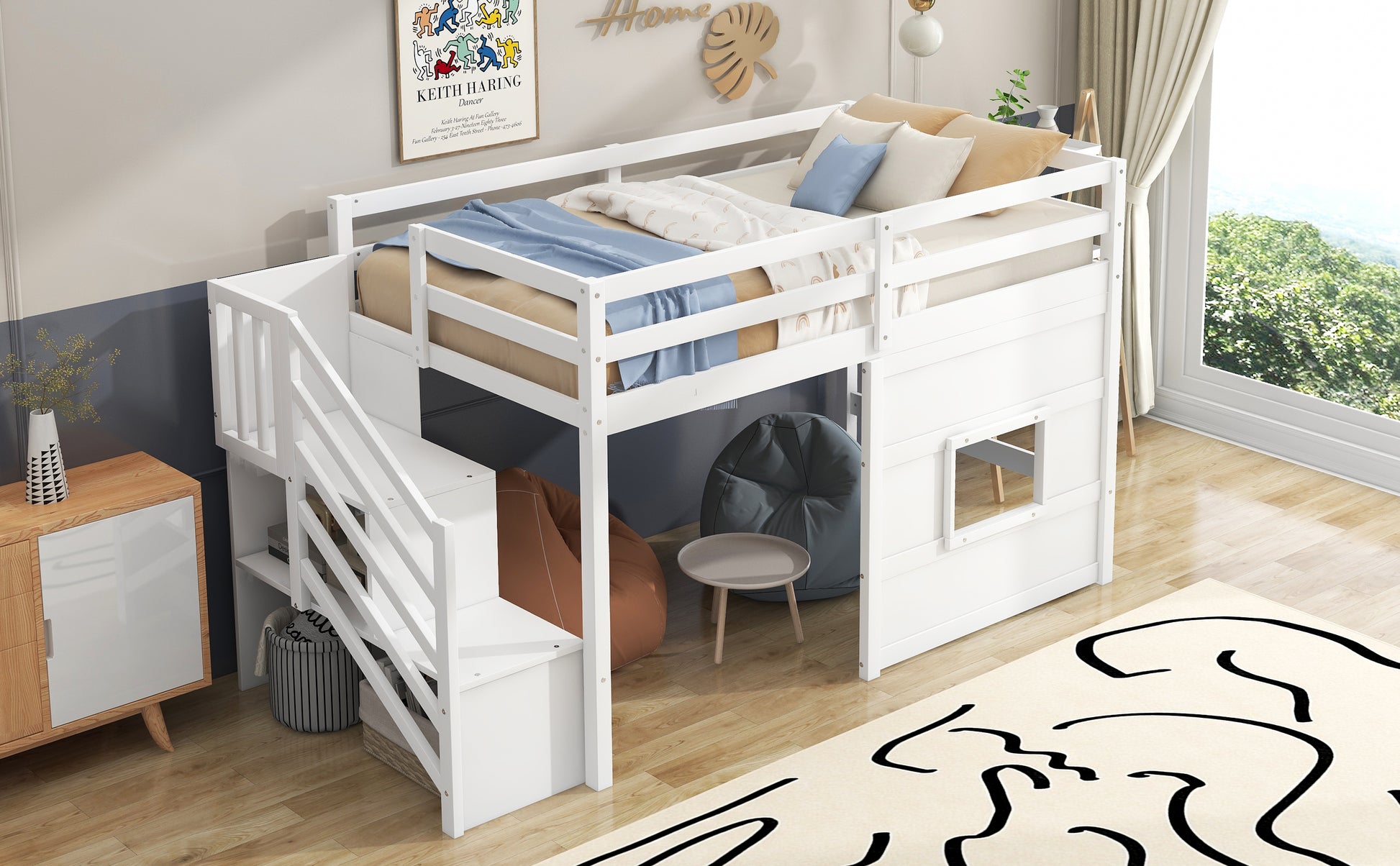 White loft bed with stairs and colorful bedding